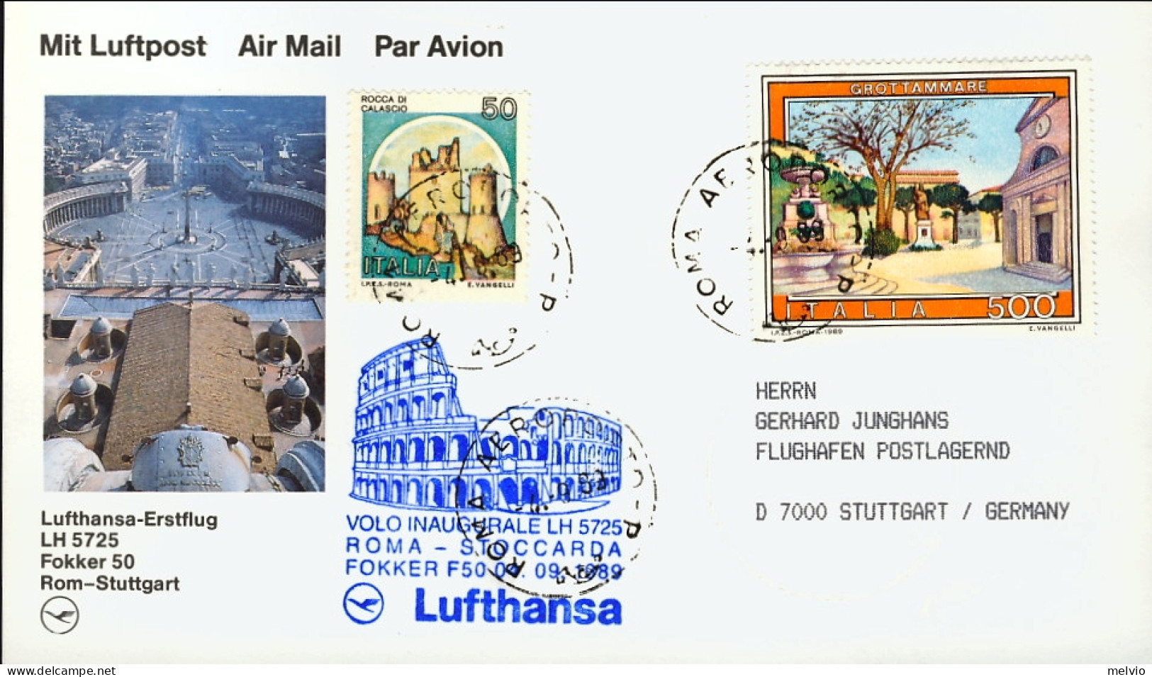 1989-cartolina Illustrata I^volo Lufthansa LH 5725 Roma Stoccarda Del 4 Settembr - Correo Aéreo