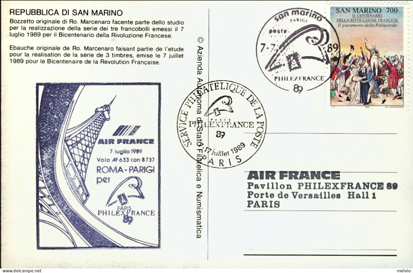 San Marino-1989 Cartolina Illustrata Bicentenario Della Rivoluzione Francese Vol - Poste Aérienne
