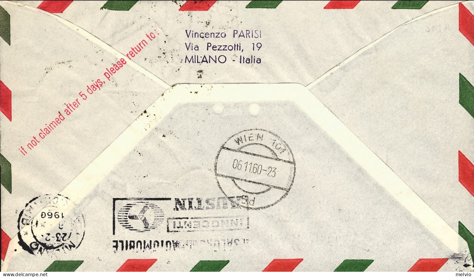 1960-I^volo AUA Milano Vienna Del 2 Novembre,al Verso Annullo A Targhetta Salone - Correo Aéreo