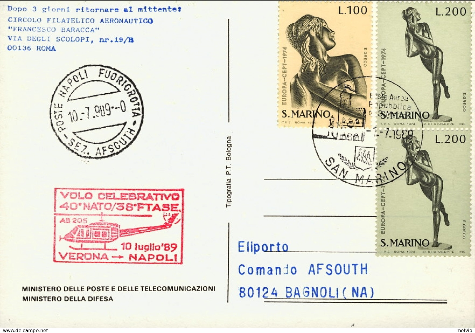 San Marino-1989 Cartolina Illustrata Per 40^ Anniversario Della Nato Bollo Volo  - Airmail