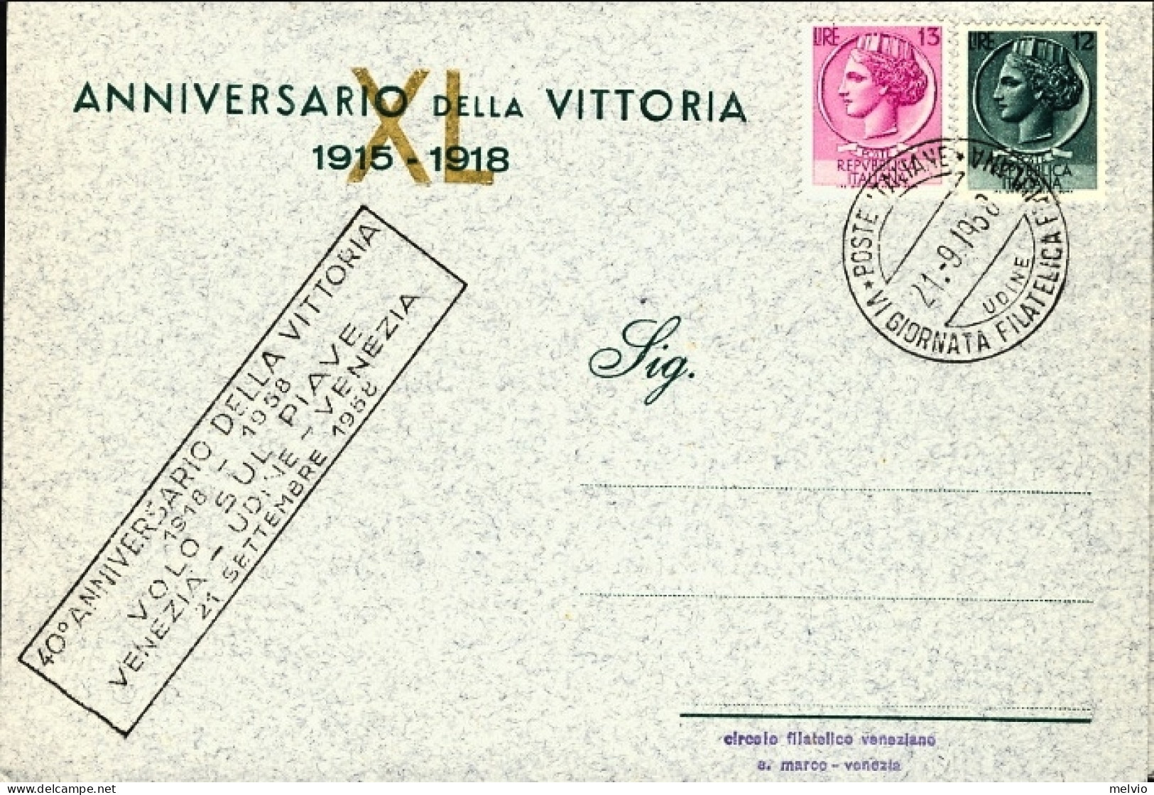 1958-cartoncino Celebrativo Numerato Anniversario Della Vittoria-volo Sul Piave  - Correo Aéreo