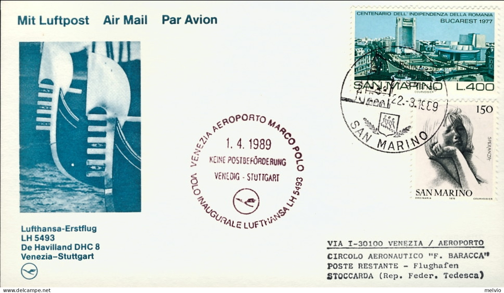 San Marino-1989 Cartolina Illustrata I^volo Lufthansa LH 5493 Venezia Stoccarda  - Airmail