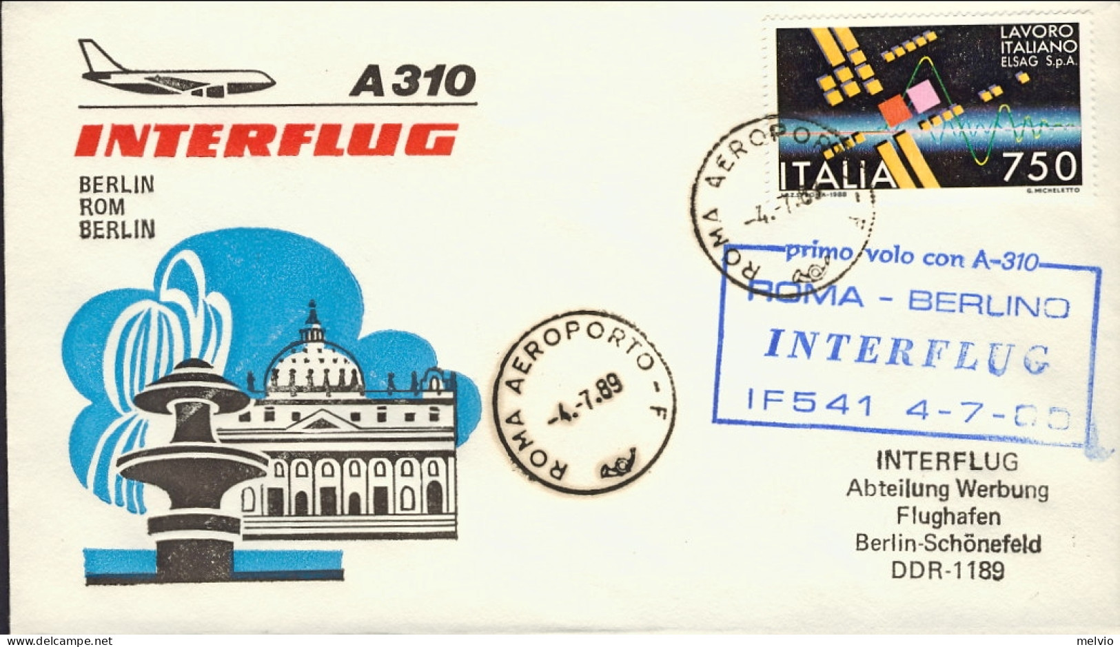 1989-bollo I^volo Interflug Roma Berlino Del 4 Settembre - Correo Aéreo