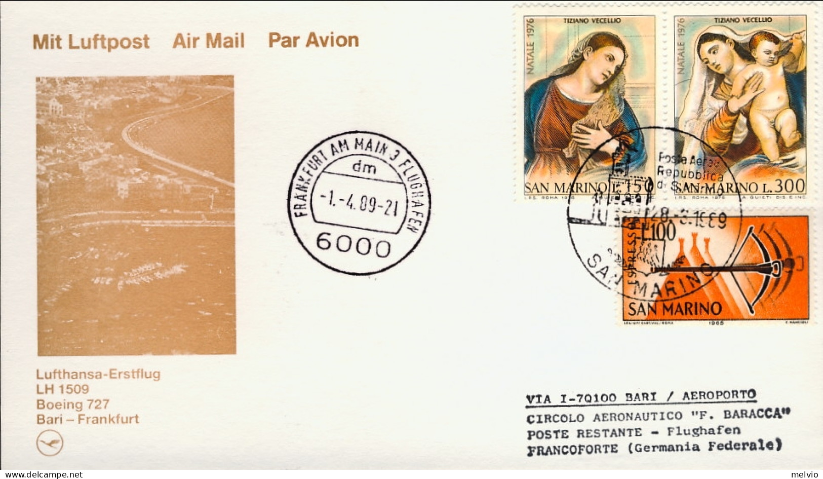 Vaticano-1989  Cartolina Illustrata I^volo Lufthansa LH 1509 Bari Francoforte De - Airmail