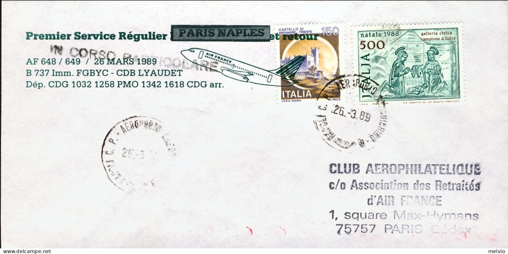 1989-I^volo Air France Napoli Parigi Del 26 Marzo, Al Verso Annullo Meccanico D' - Correo Aéreo