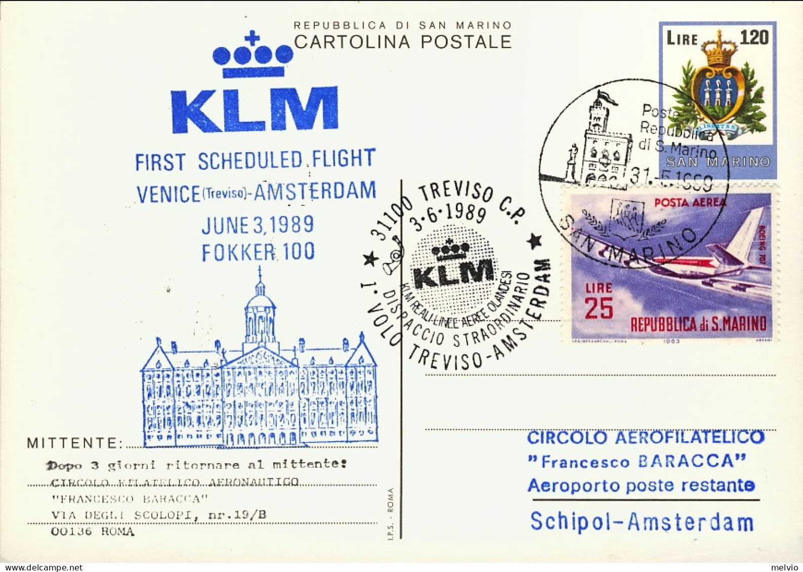 San Marino-1989 Cartolina Postale I^volo KLM Dispaccio Straordinario Treviso Ams - Luchtpost