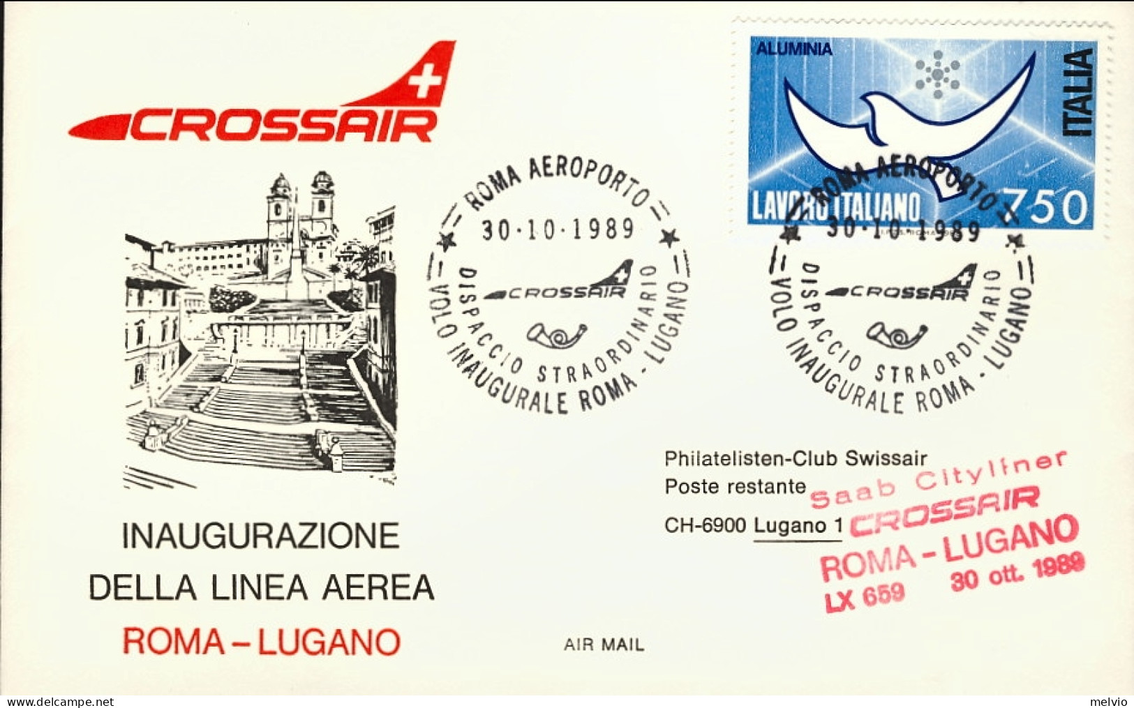 1989-inaugurazione Linea Aerea Crossair Roma Lugano Del 30 Ottobre - 1981-90: Marcophilie