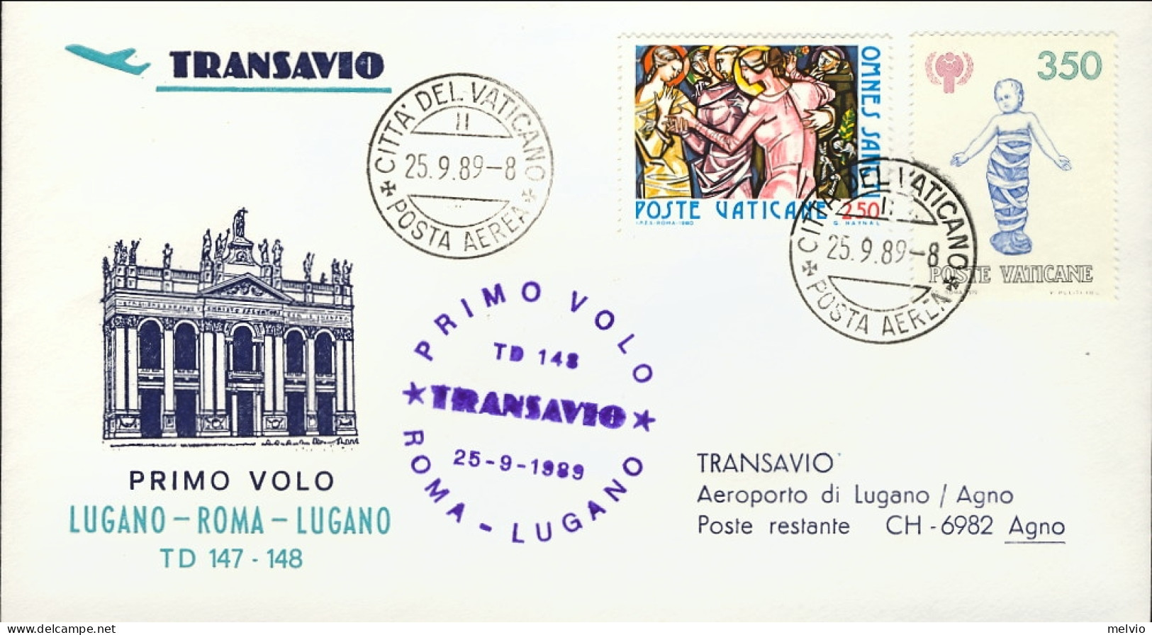 Vaticano-1989  I^volo Transavio Roma Lugano Del 25 Settembre - Luftpost