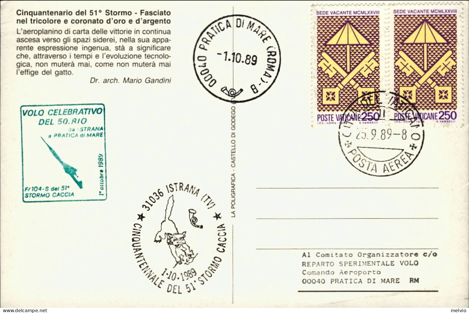 Vaticano-1989 Cartolina Illustrata Cinquantenario Del 51^ Stormo Volo Celebrativ - Airmail