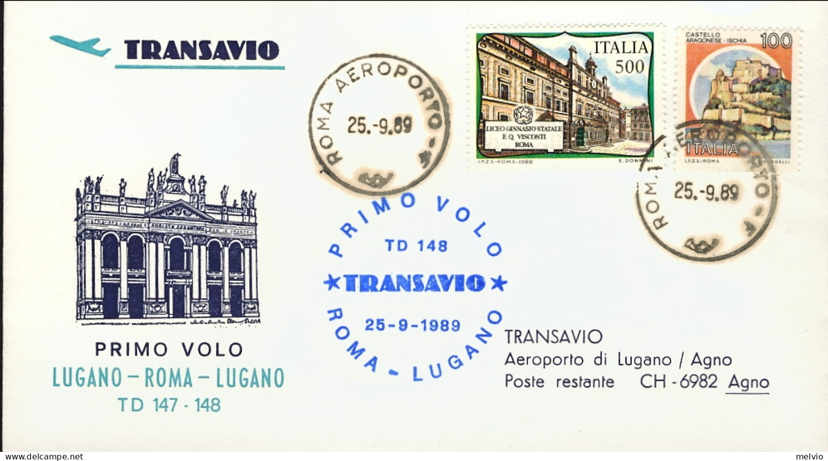 1989-I^volo Transavio Roma Lugano Del 25 Settembre - Correo Aéreo
