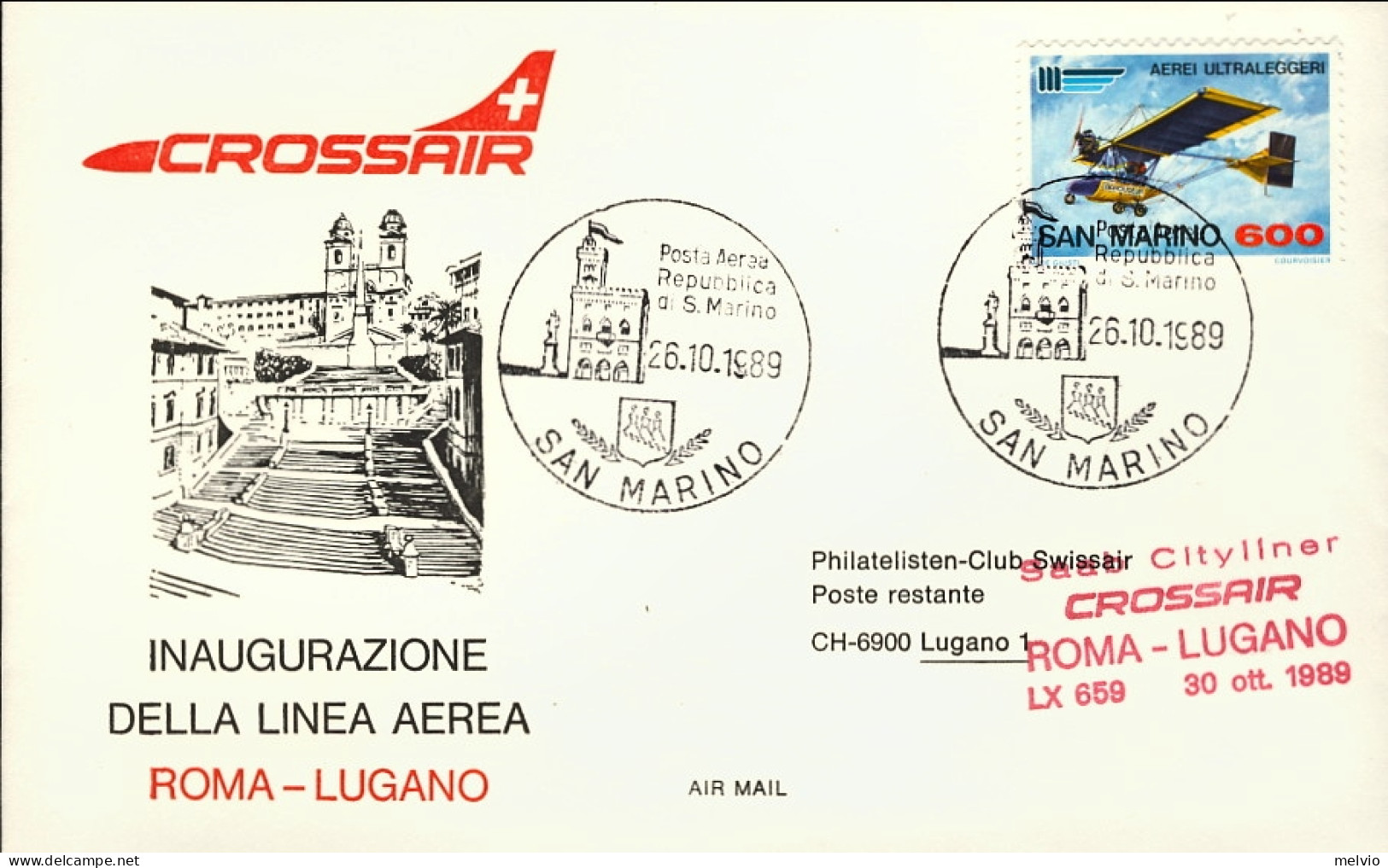 1989-San Marino I^volo Crossair Lugano Roma Del 30 Ottobre - Posta Aerea