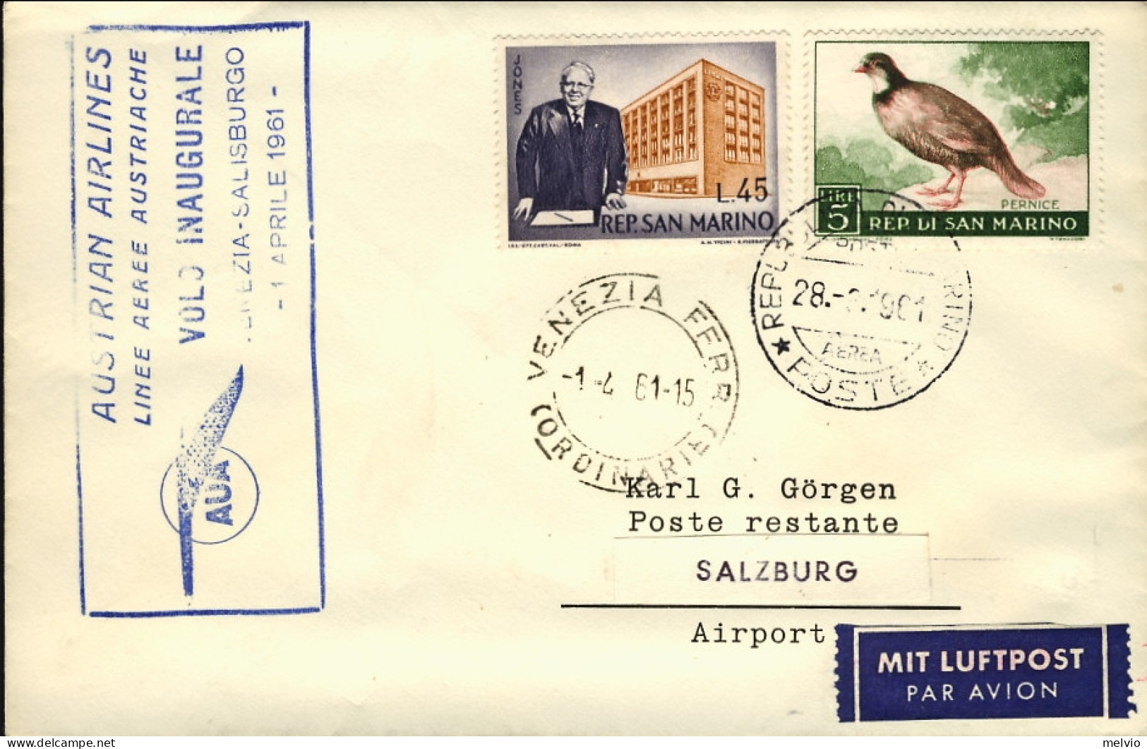 San Marino-1961 I^volo AUA Venezia Salisburgo Del 1 Aprile (40 Pezzi Trasportati - Luchtpost