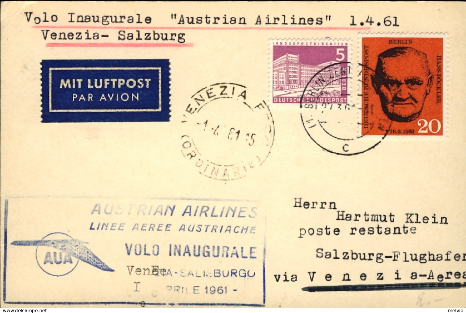 1961-Germania Berlino Del 1 Aprile, Dispaccio Da Berlino Per Il I^volo AUA Venez - Cartas & Documentos