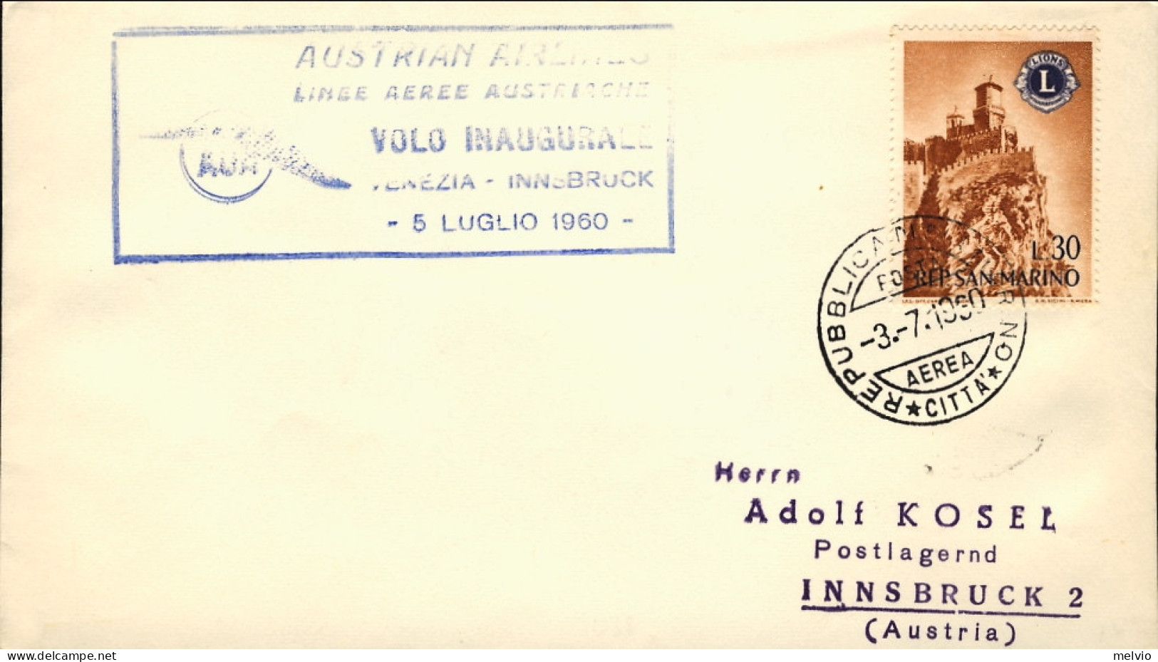San Marino-1960 AUA I^volo Venezia Innsbruck Del 5 Luglio, - Airmail