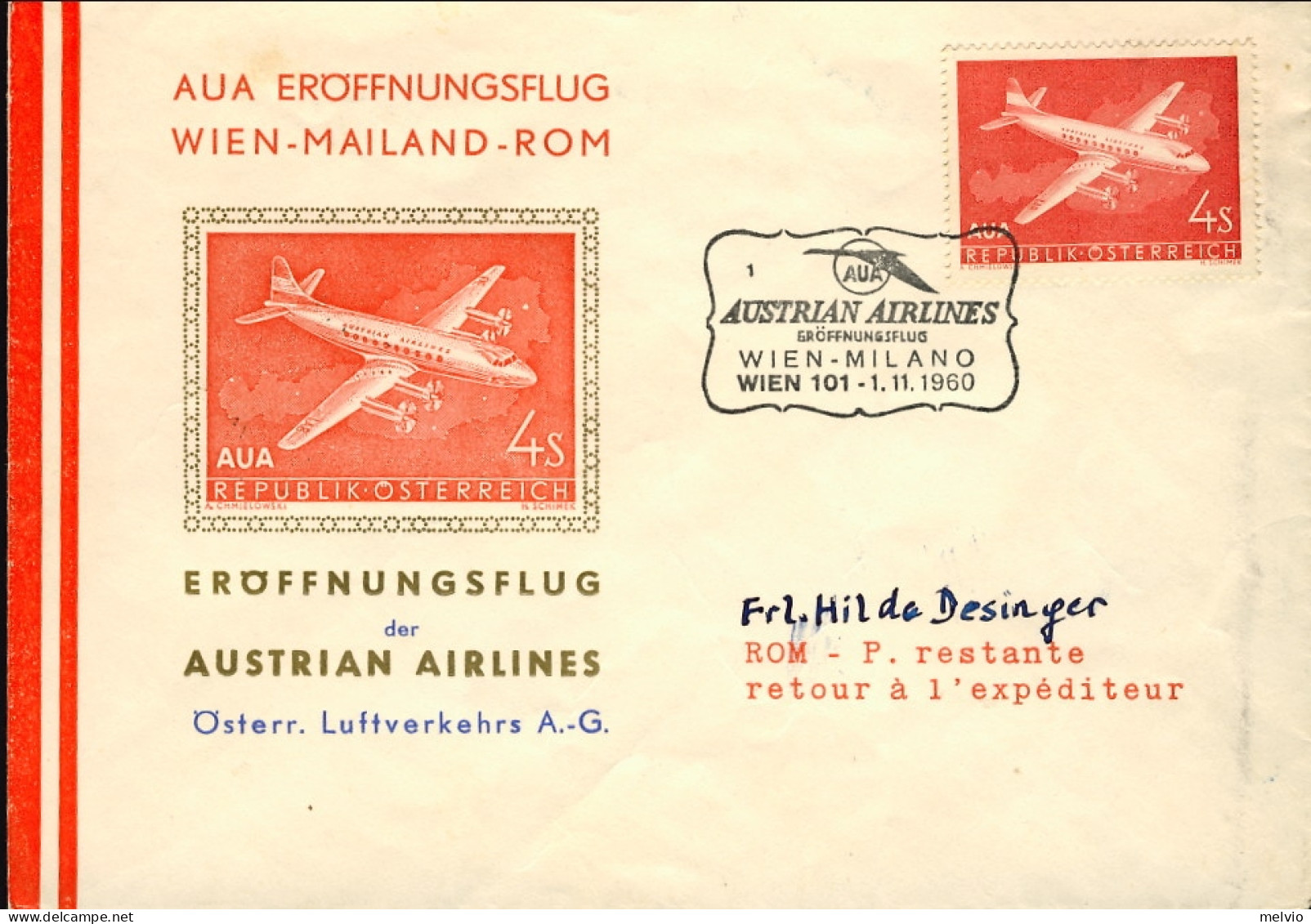 1960-Autriche Osterreich Austria I^volo AUA Vienna Milano Del 1 Novembre - Andere & Zonder Classificatie