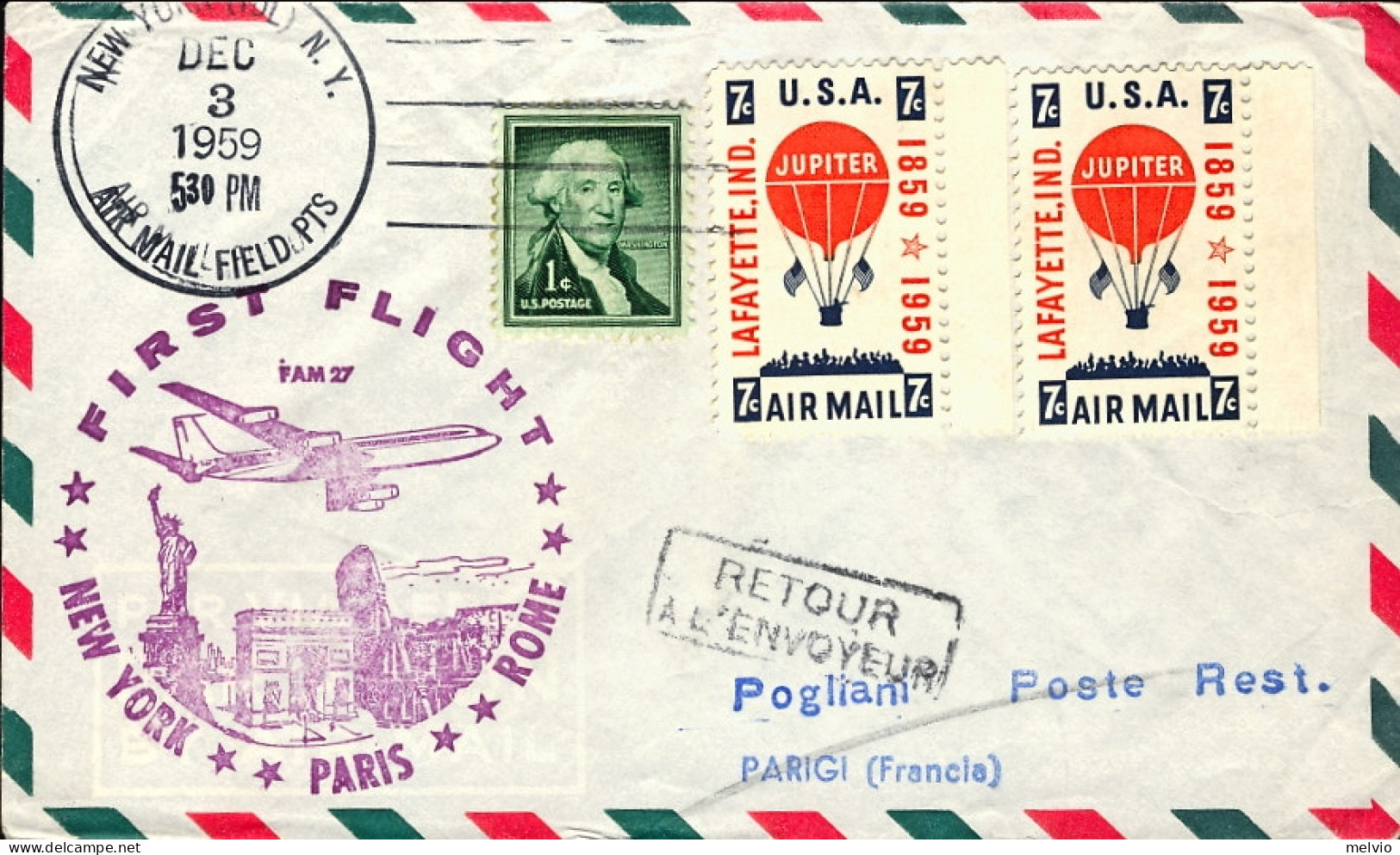 1959-U.S.A. Volo Amaranto I^volo New York Parigi Del 3 Dicembre - Autres & Non Classés