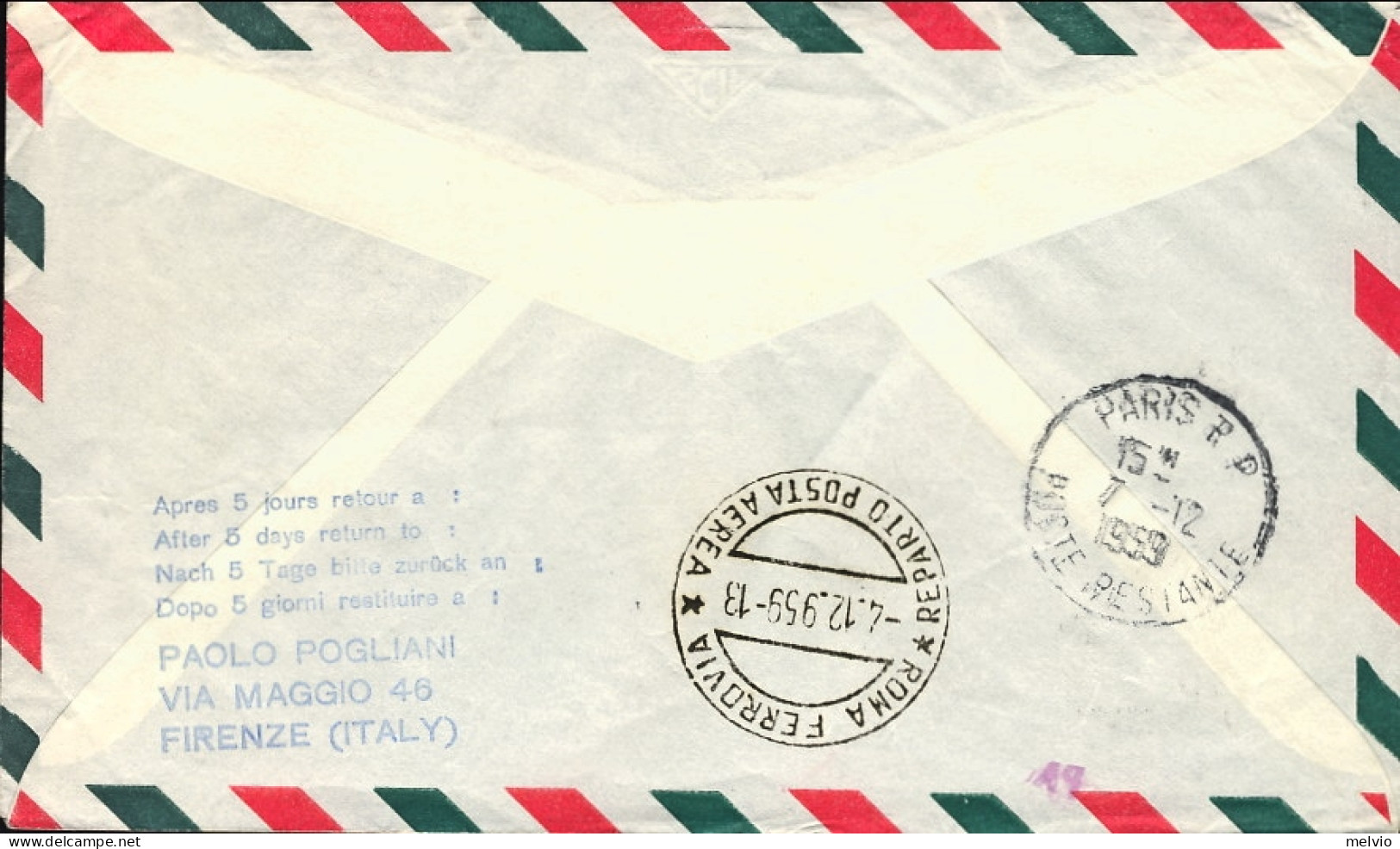 1959-U.S.A. Volo Amaranto I^volo New York Parigi Del 3 Dicembre - Other & Unclassified