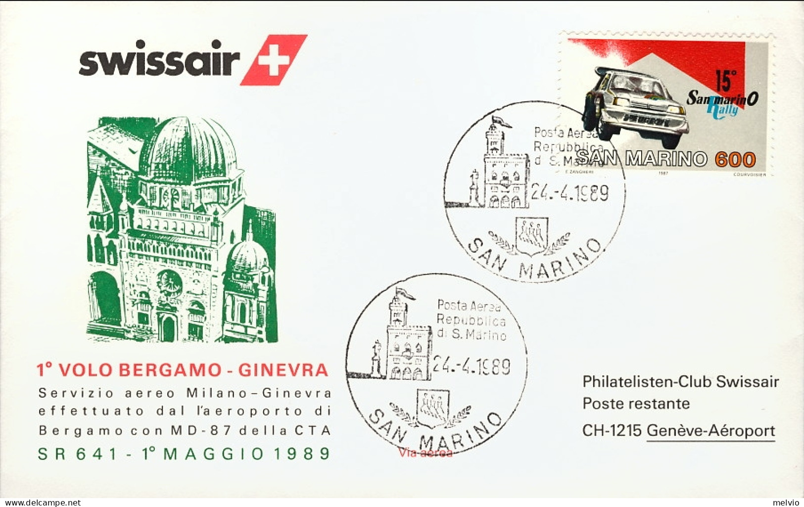 San Marino-1989 I^volo Swissair Bergamo Ginevra Del Primo Maggio - Luftpost