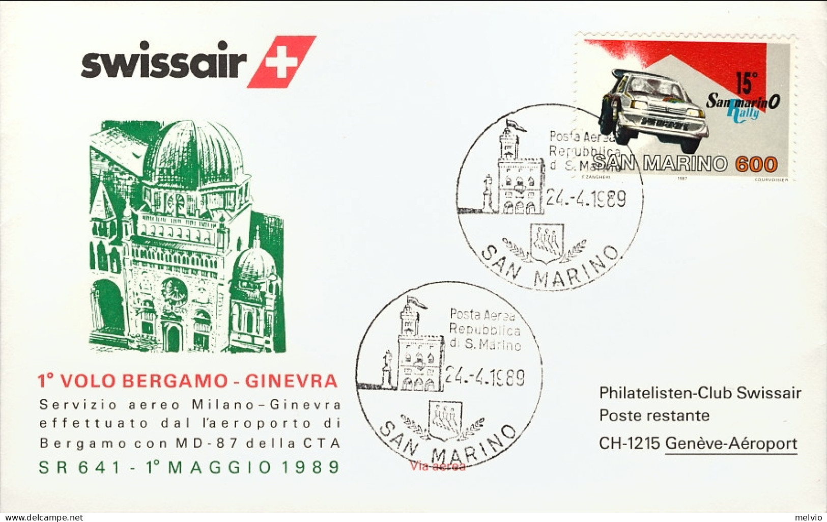 San Marino-1989 I^volo Swissair Bergamo Ginevra Del Primo Maggio - Poste Aérienne