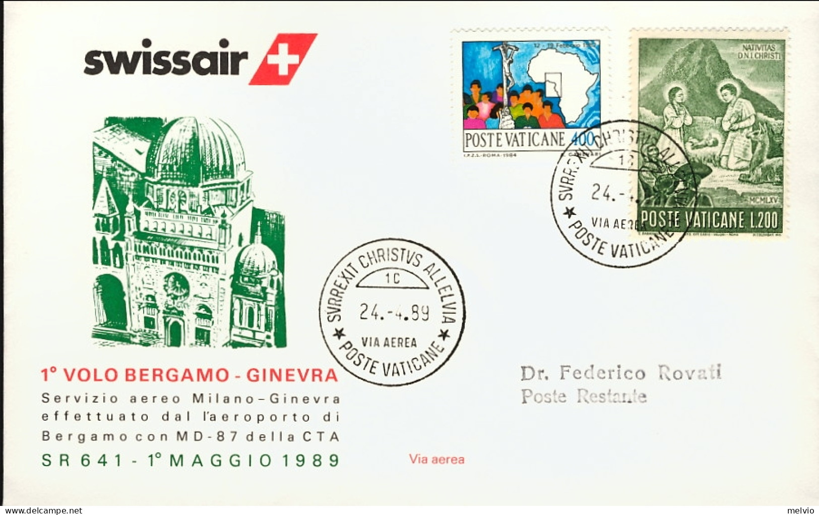 Vaticano-1989  I^volo Swissair Bergamo Ginevra Del Primo Maggio - Airmail