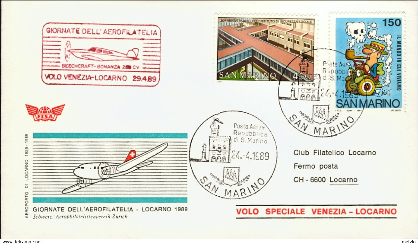 San Marino-1989 Volo Speciale Venezia Locarno Del 29 Aprile Per Le Giornate Dell - Poste Aérienne