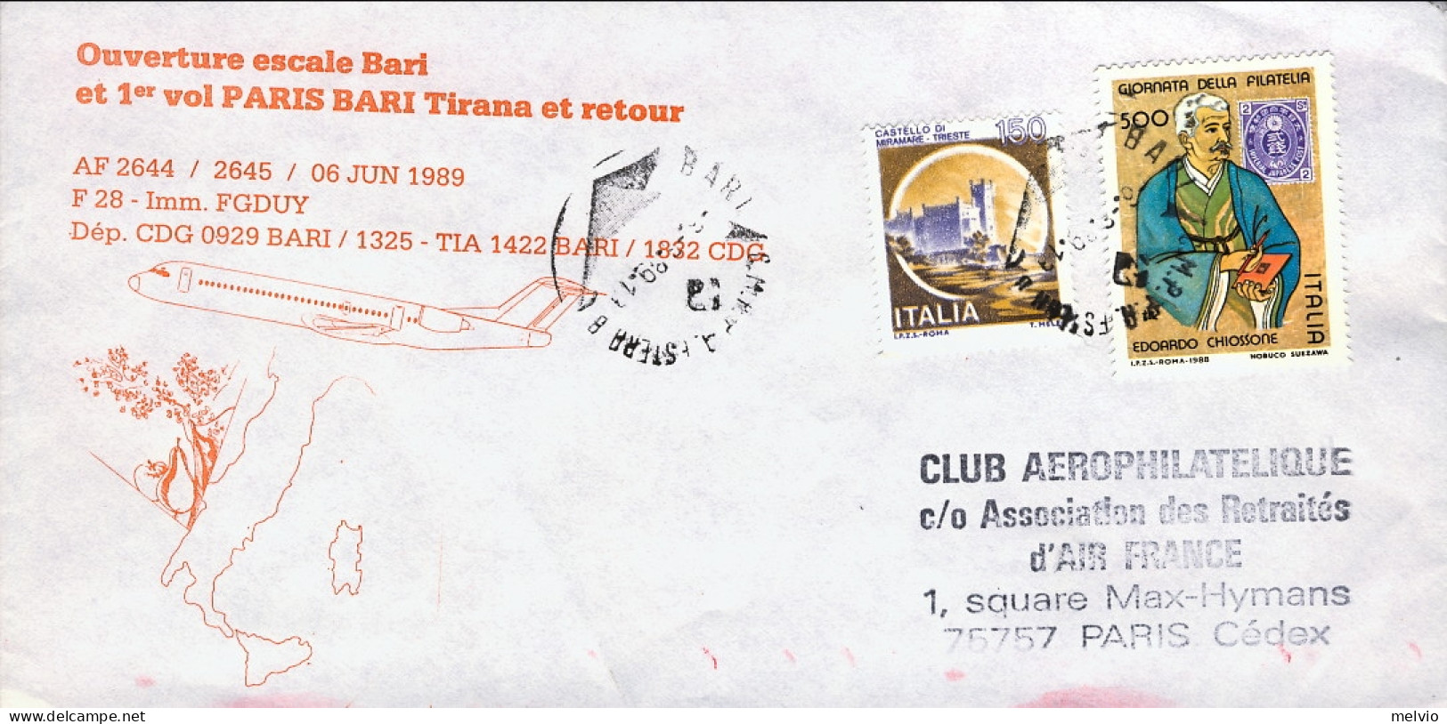 1989-apertura Scalo Di Bari I^volo Bari Parigi Del 6 Giugno - Correo Aéreo