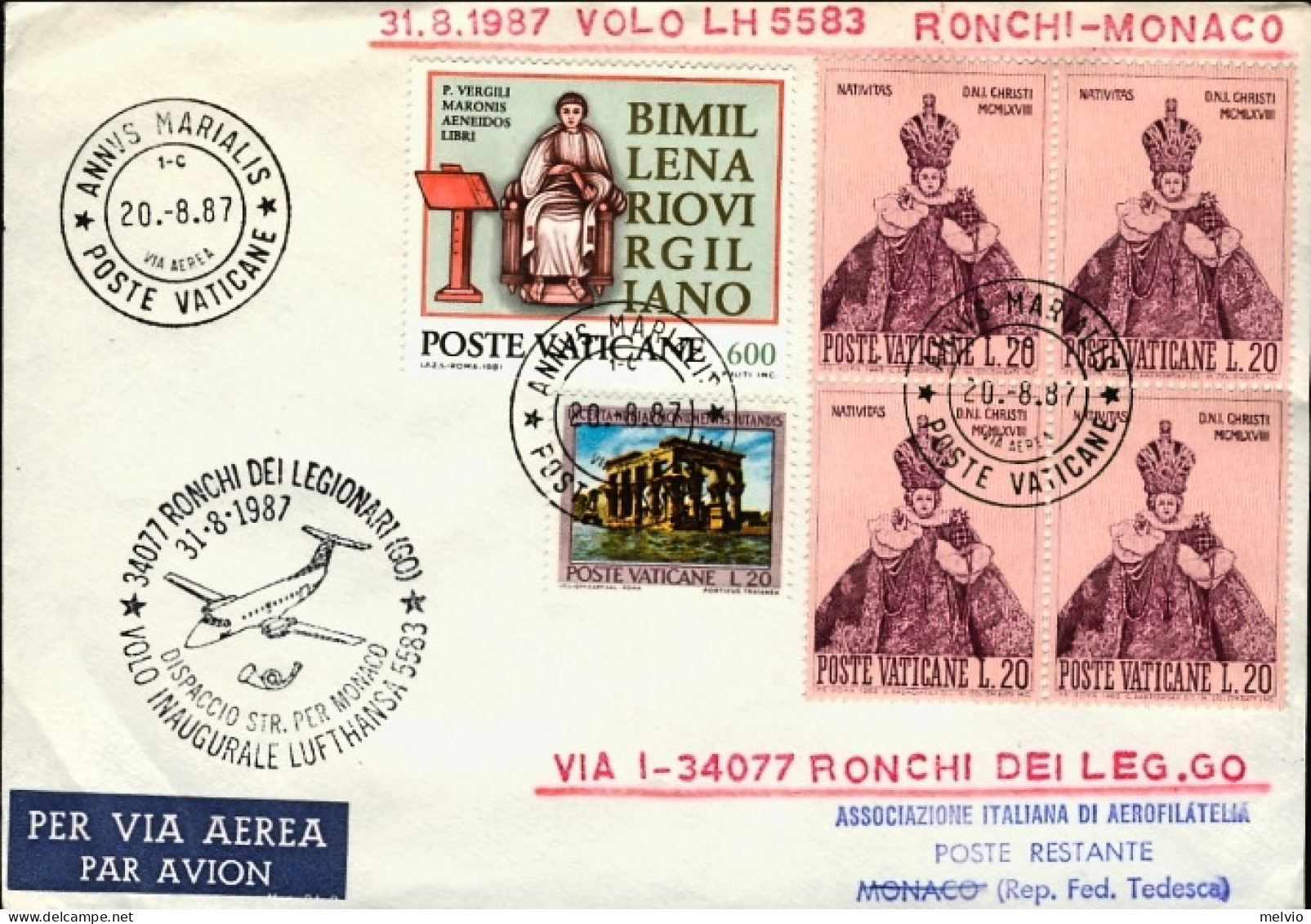 Vaticano-1987 Lufthansa LH 5583 Ronchi Dei Legionari Monaco Del 31 Agosto,bollo  - Poste Aérienne