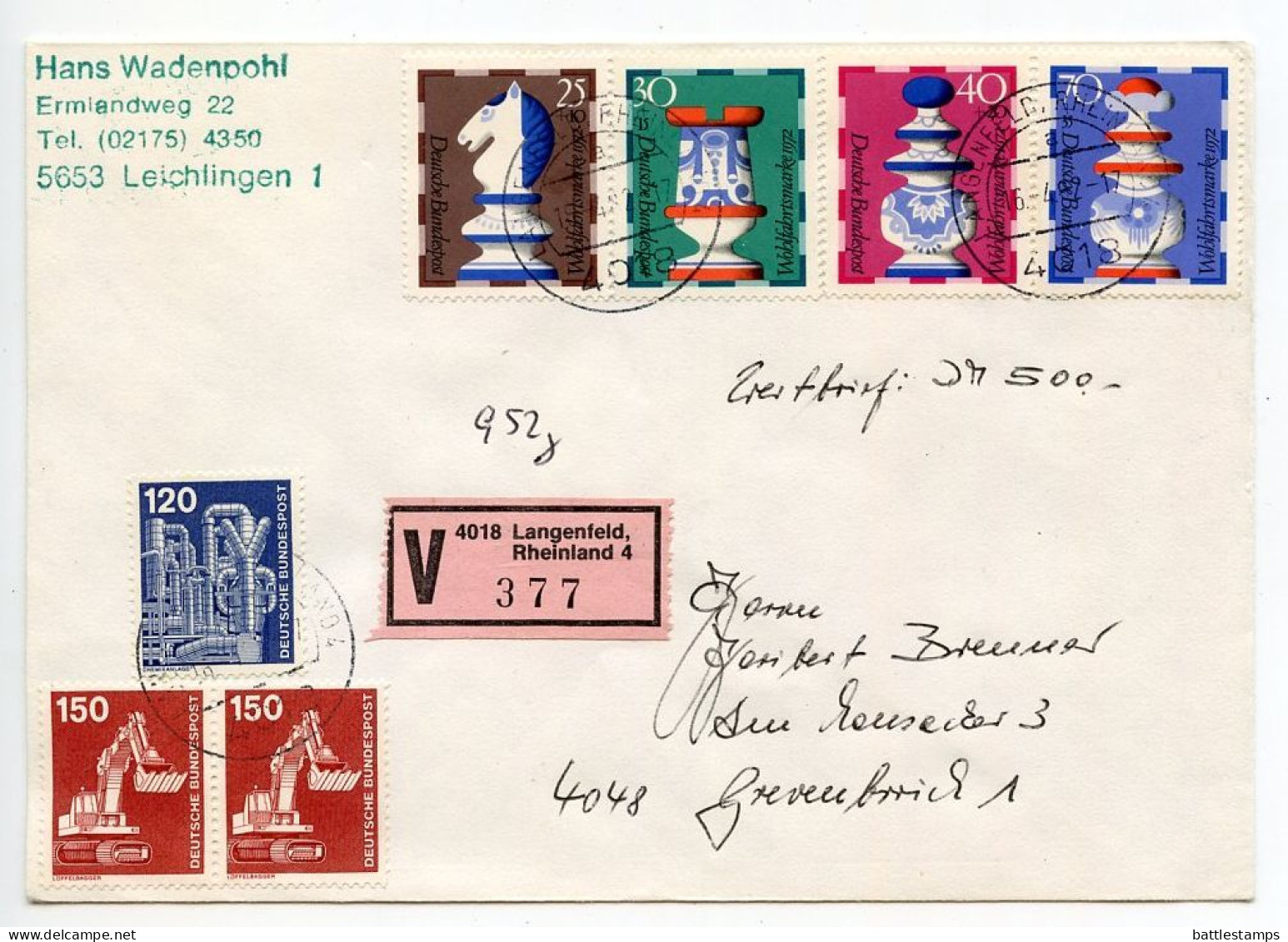 Germany, West 1982 Insured V-Label Cover; Langenfeld To Grevenbroich; Full Set Of Chess Semi-Postal Stamps - Brieven En Documenten