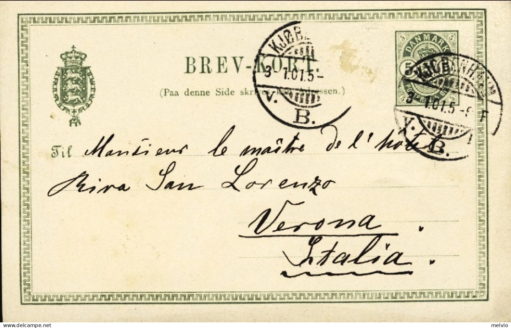 1901-Danimarca Cartolina Postale 5o. Diretta In Italia - Interi Postali