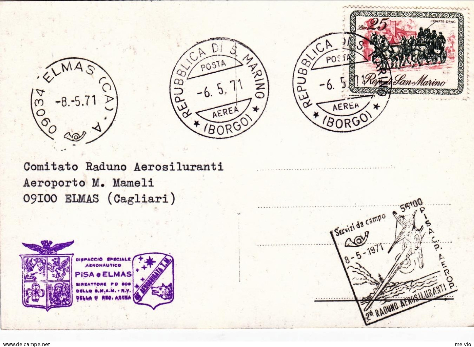 San Marino-1971 Cartolina Illustrata 2^ Raduno Aerosiluranti,bollo Viola Dispacc - Posta Aerea