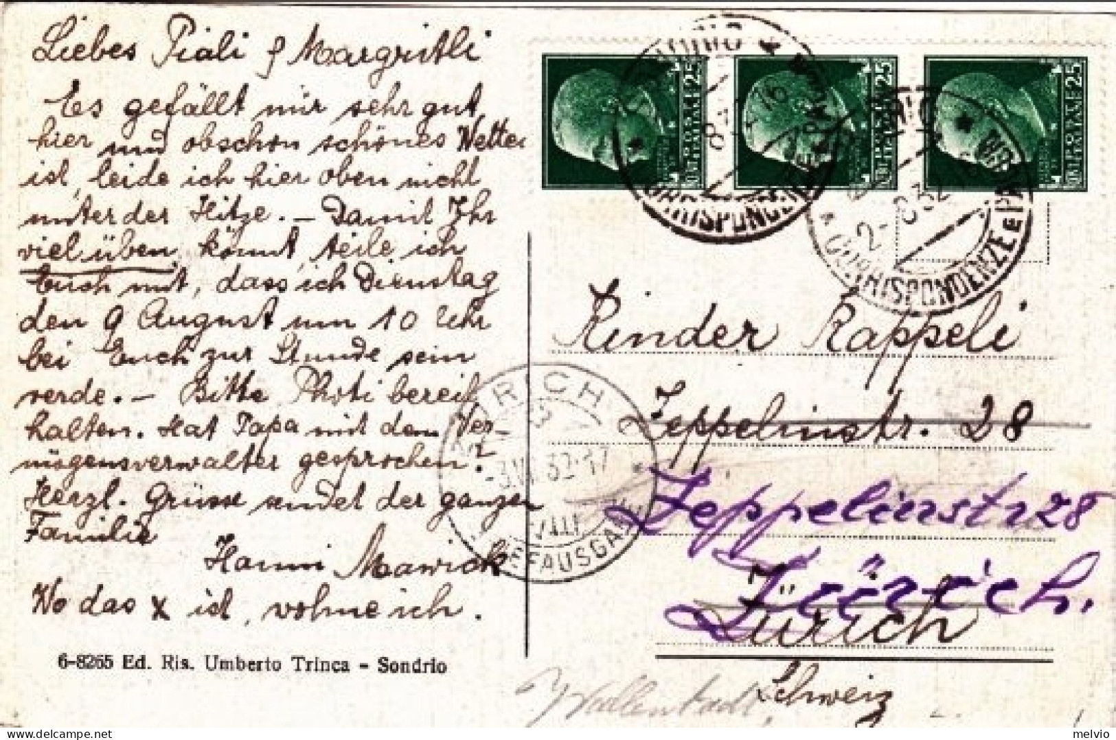 1932-panorama Di Sondrio Affrancata Striscia 25c. Imperiale Diretta A Zurigo, Bo - Sondrio