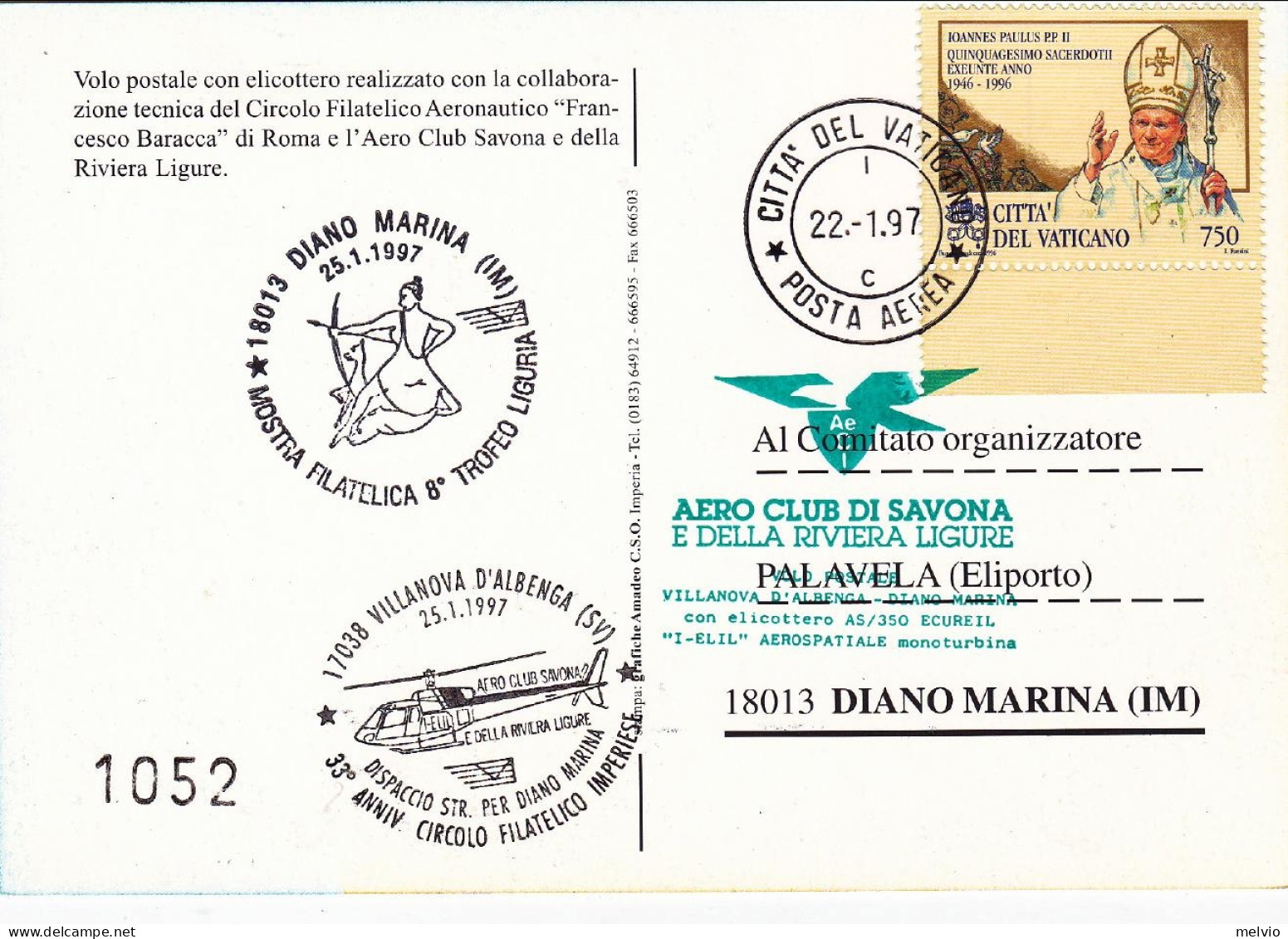 Vaticano-1997  Cartolina Numerata Volo Postale Con Elicottero Villanova D'Albeng - Airmail