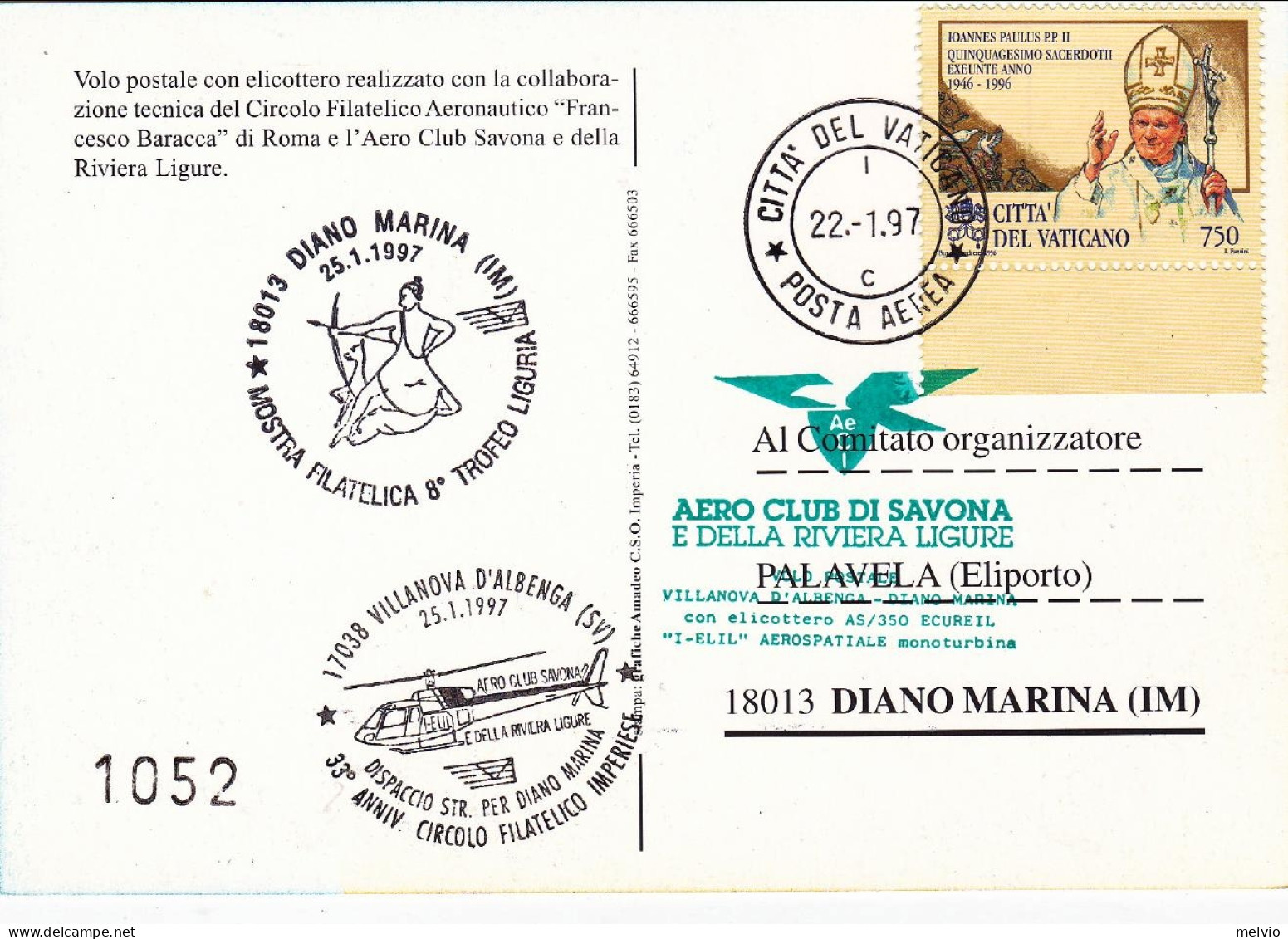 Vaticano-1997  Cartolina Numerata Volo Postale Con Elicottero Villanova D'Albeng - Poste Aérienne