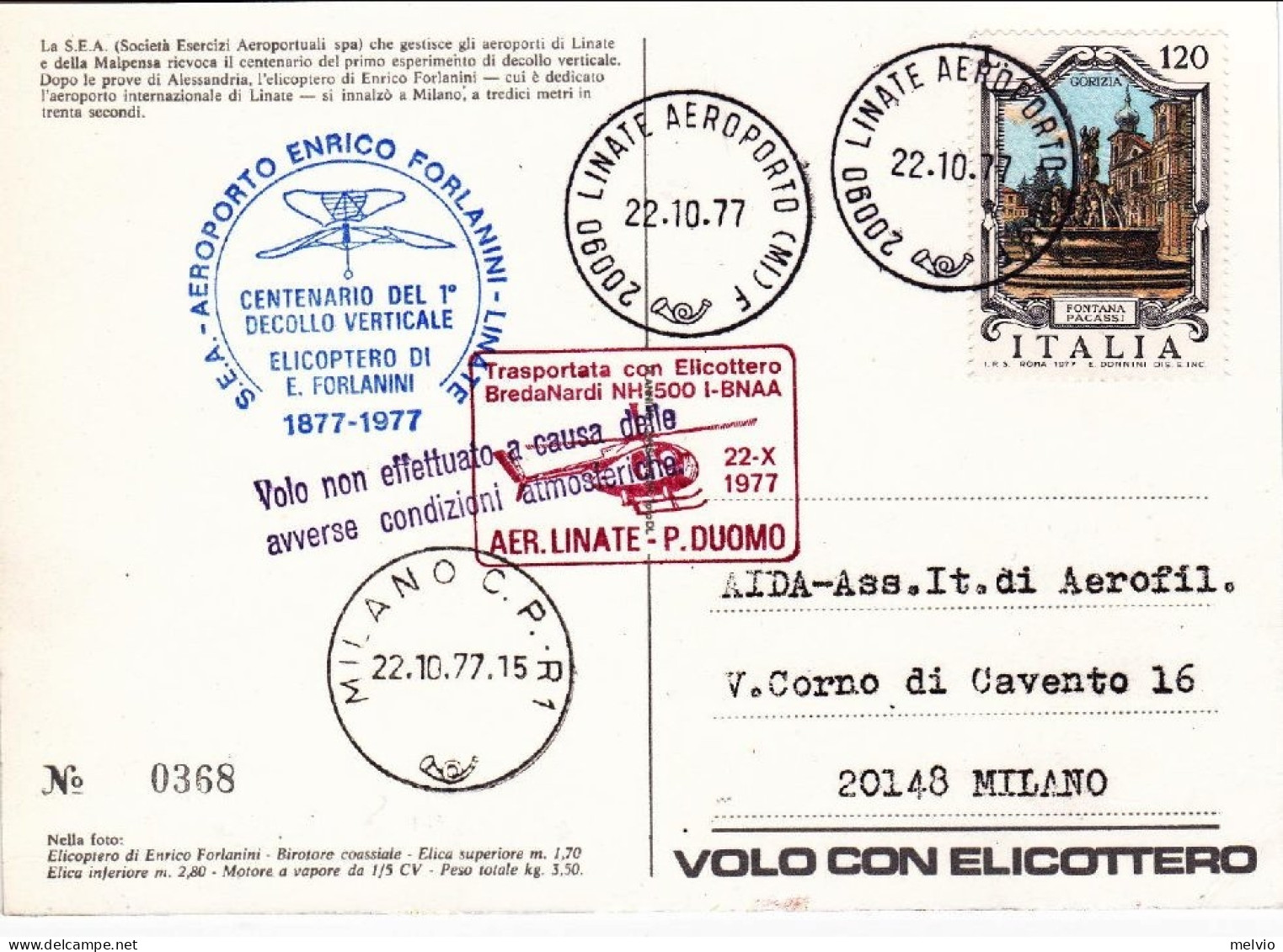 1977-volo Con Elicottero Cartolina Illustrata Centenario Primo Decollo Verticale - Correo Aéreo