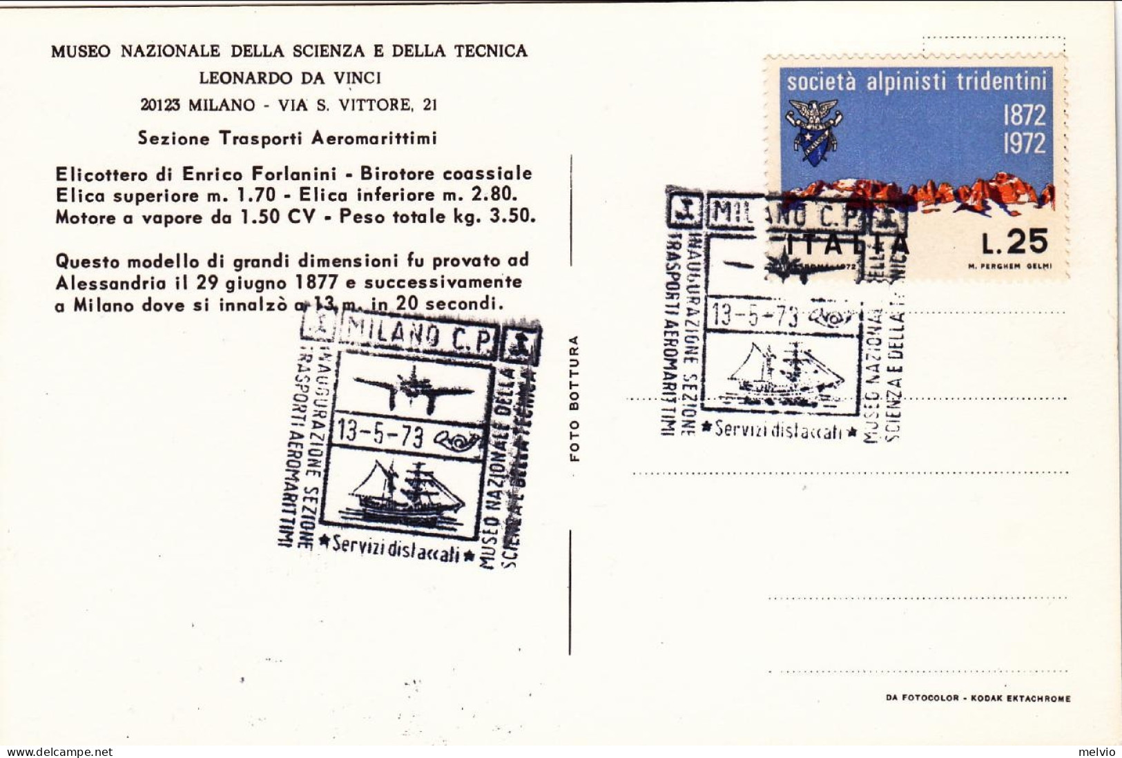 1973-cartolina Illustrata L'elicottero Di Enrico Forlanini Birotore Coassiale, C - Correo Aéreo