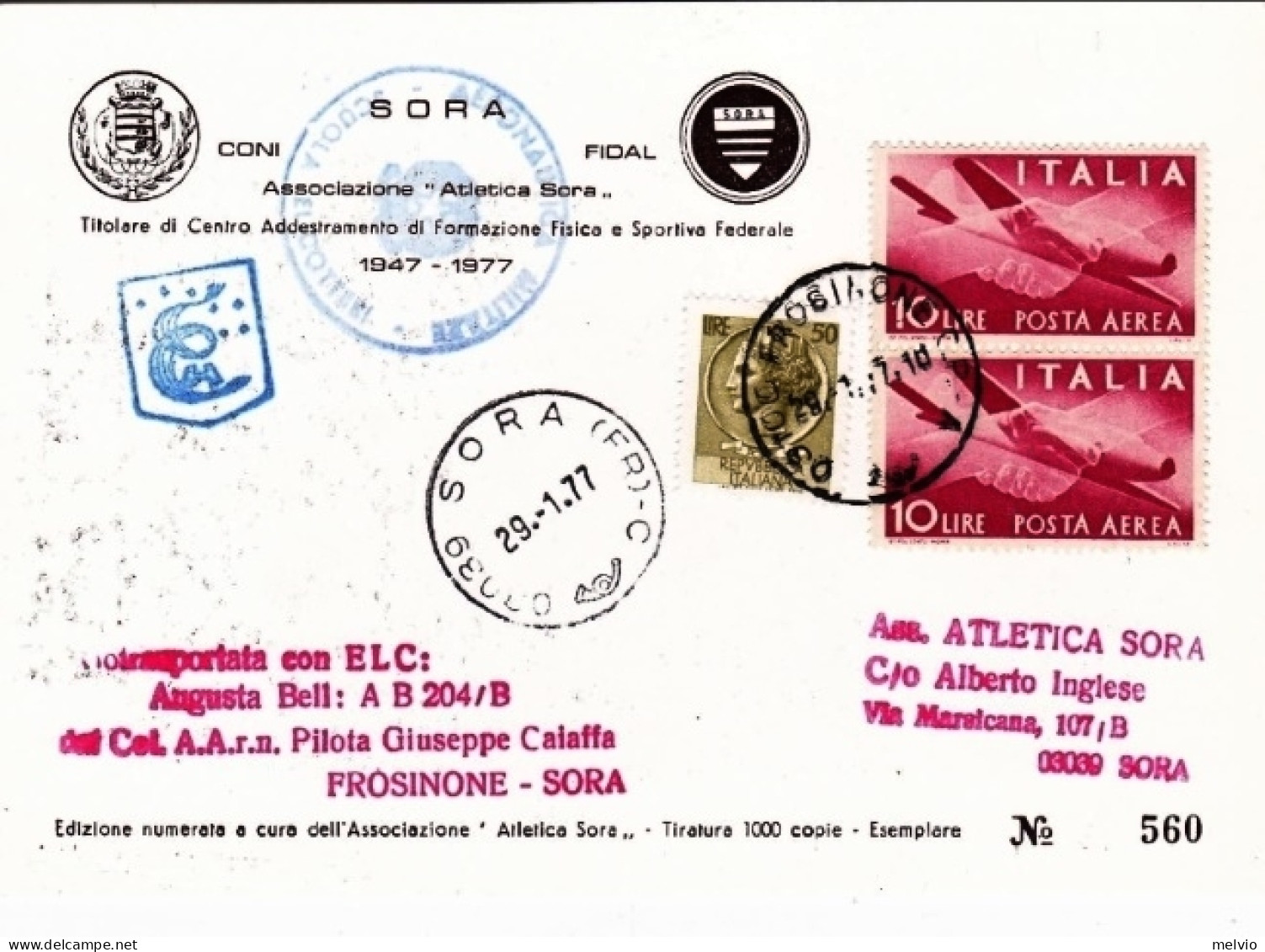 1977-cartolina Illustrata Associazione Atletica Sora Aviotrasportata Con Elicott - Correo Aéreo
