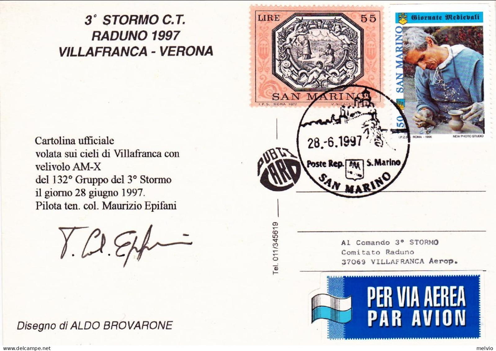 1997-San Marino Cartolina Ufficiale Volata Sui Cieli Di Villafranca Con Velivolo - Airmail