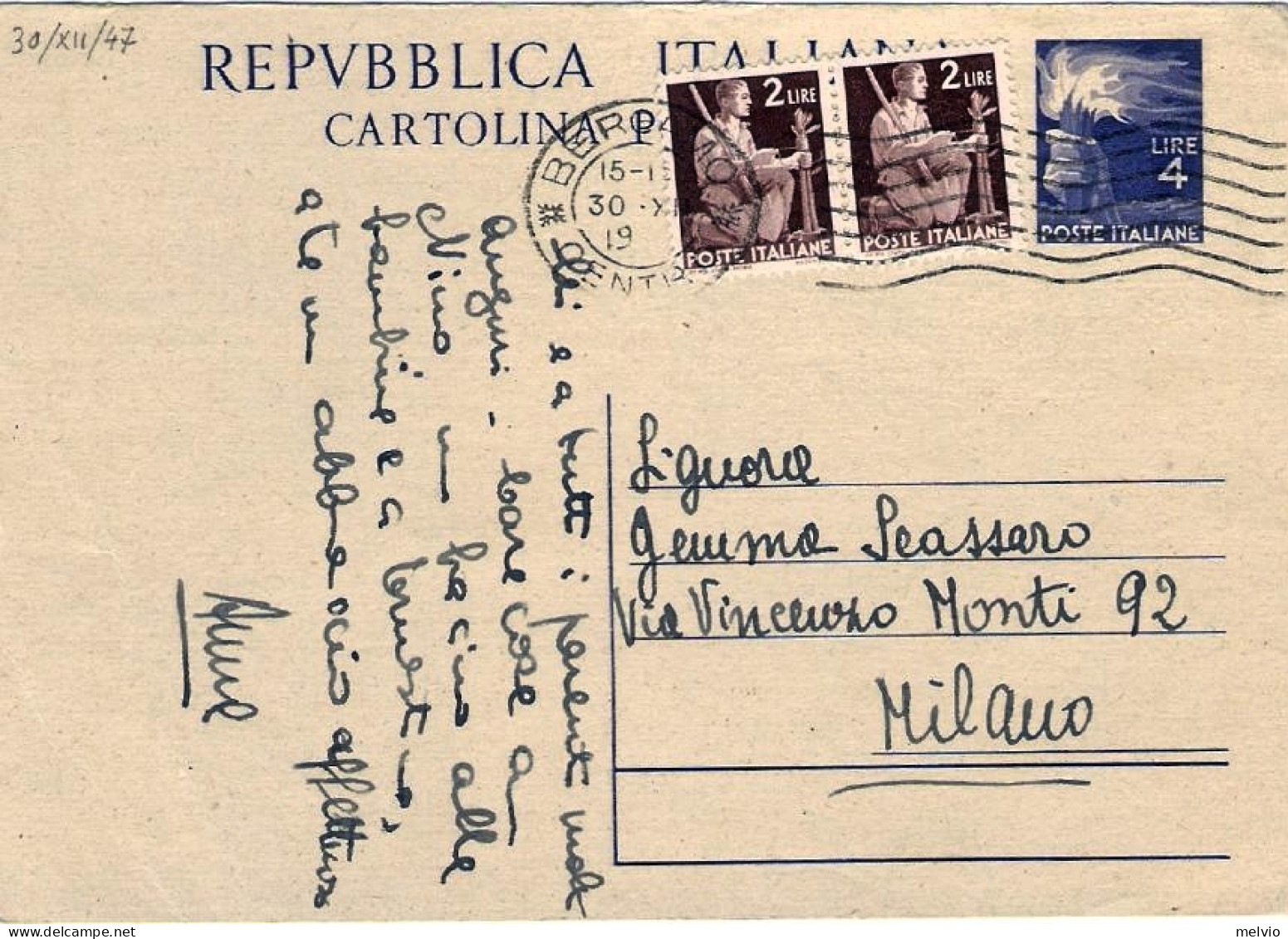 1947-cartolina Postale L.4 Democratica Con Affrancatura Aggiunta Coppia L.2 Demo - 1946-60: Marcophilia