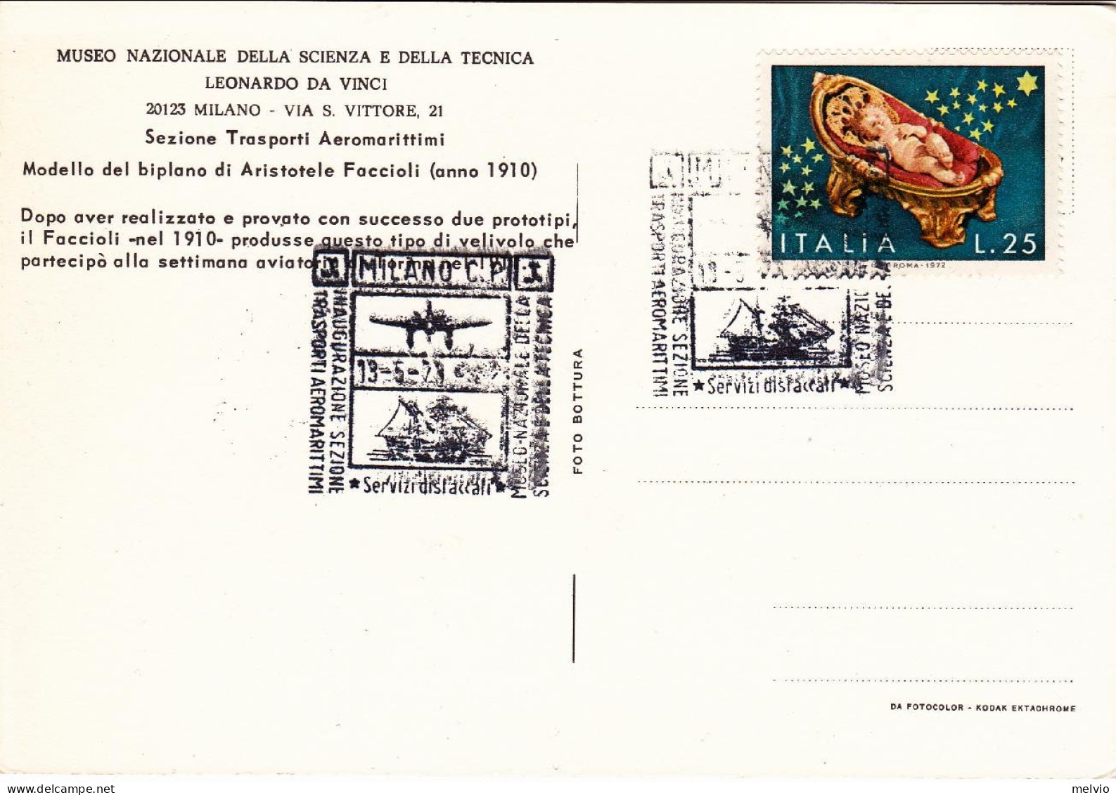 1973-cartolina Illustrata Modello Del Biplano Di Aristotele Facciolli, Cachet Mi - Correo Aéreo