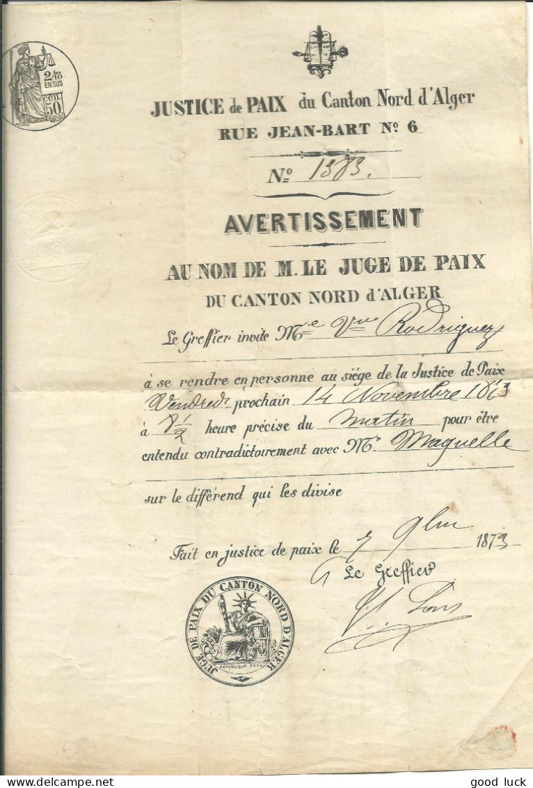 FRANCE LETTRE ALGER / ALGERIE 15c GC  5005 ALGER JUSTICE DE PAIX POUR BAB EL OUED DE 1873 LETTRE COVER - 1849-1876: Classic Period