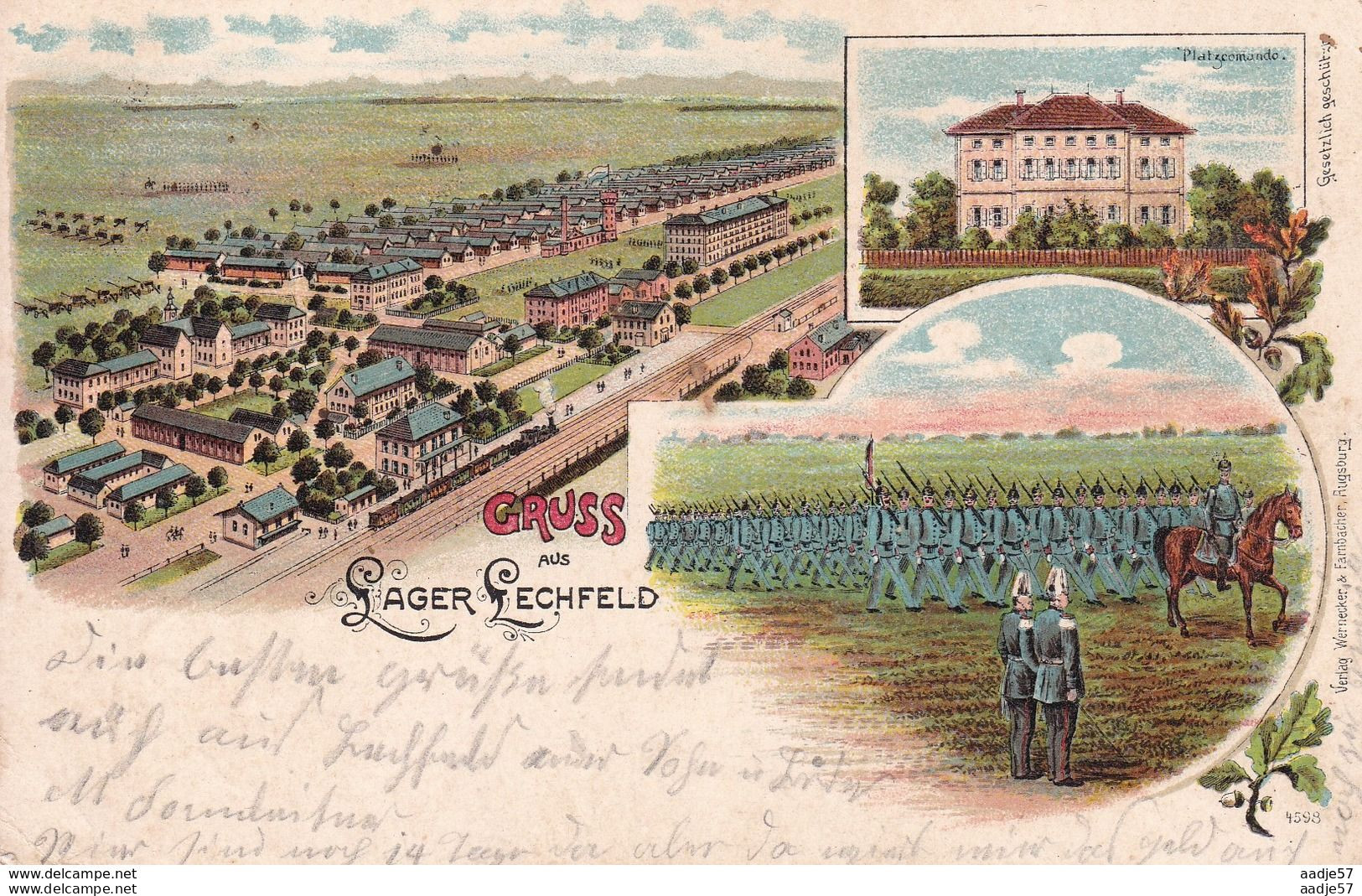 Lithographie Lager Lechfeld, Parade, Kaserne Aus Der Vogelschau 1901 - Stations - Met Treinen