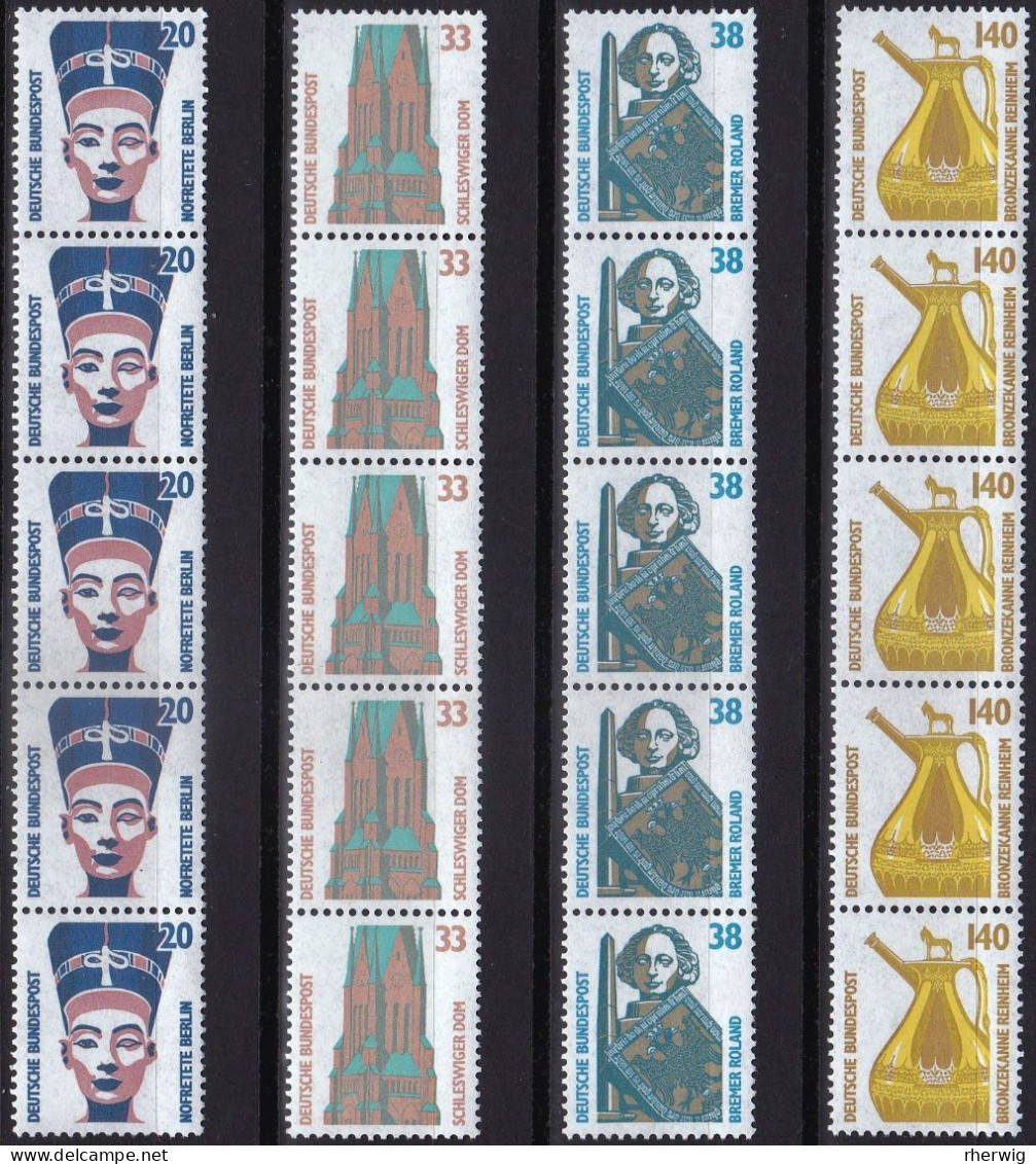 BRD, 1989,  Nr. 1398-1401 ** 5er- Streifen Mit Zählnr. Sehenswürdigkeiten (V) - Unused Stamps