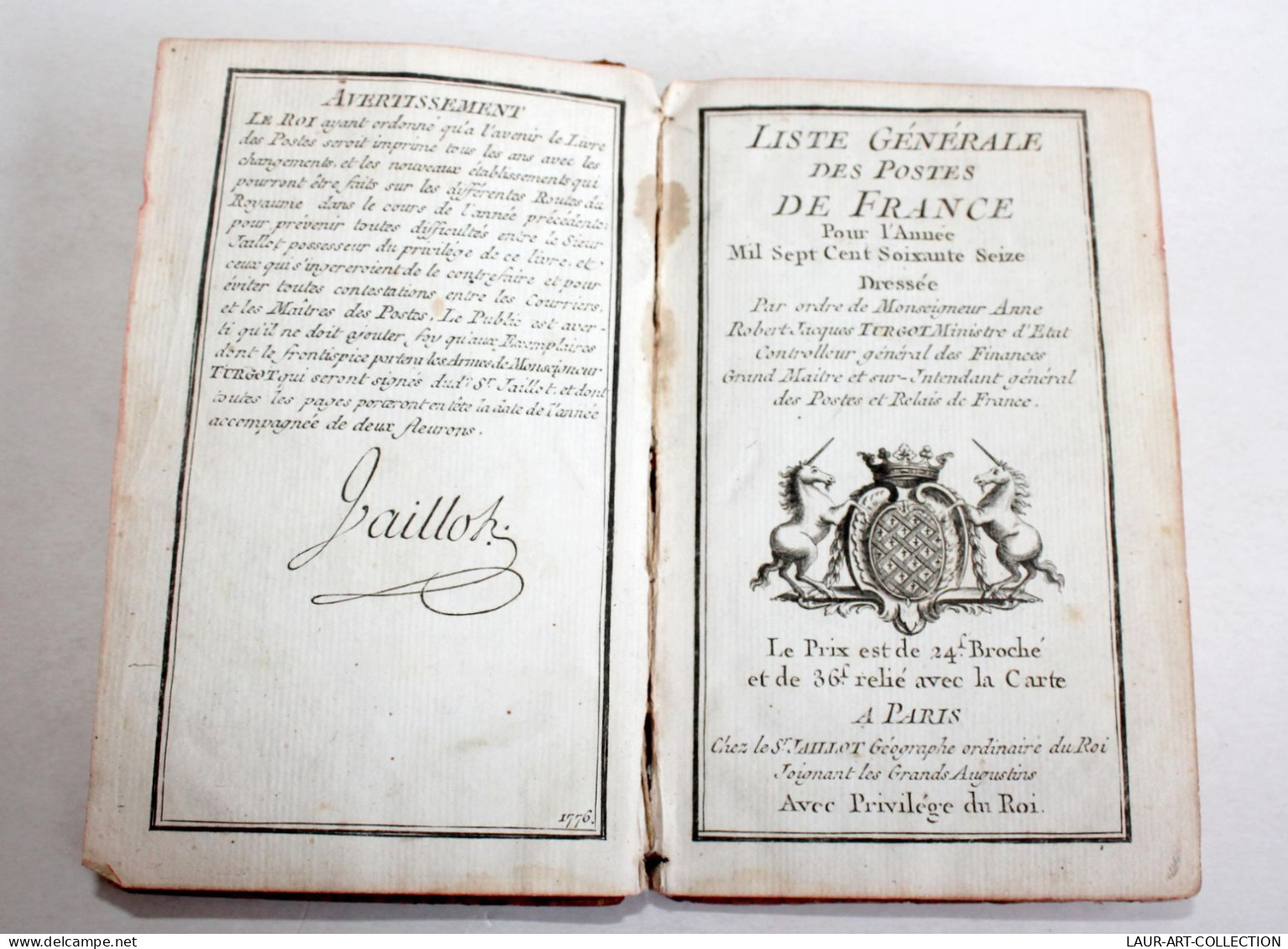 LISTE GENERALE DES POSTES DE FRANCE POUR L'ANNEE 1776 DRESSÉ PAR TURGOT, JAILLOT / ANCIEN LIVRE XVIIIe SIECLE (2603.53) - 1701-1800