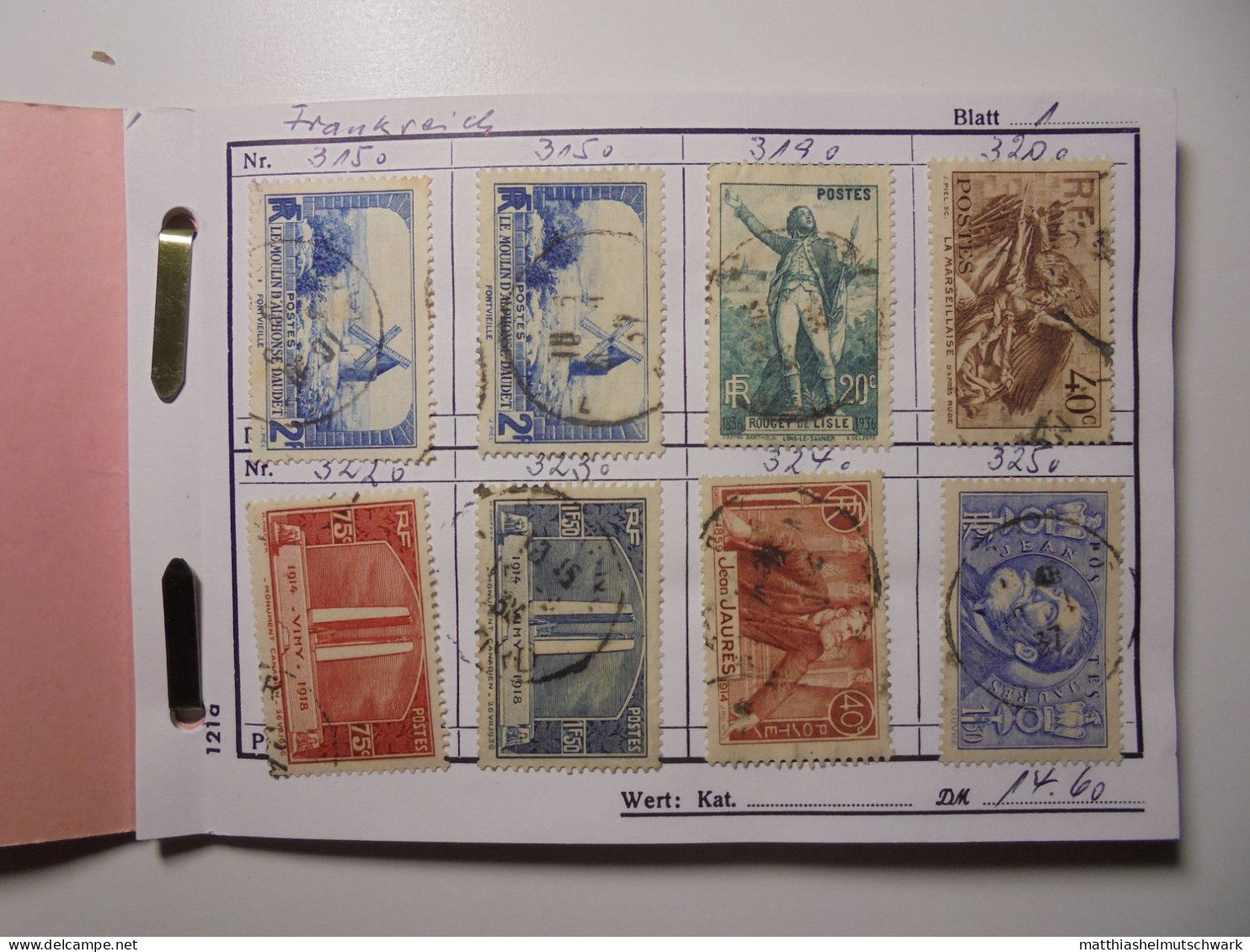 Auswahlheft Nr. 443 20 Blätter 157 Briefmarken  Frankreich 1936-1951/Mi Nr. 315-904, Unvollständig Ca. - Collections