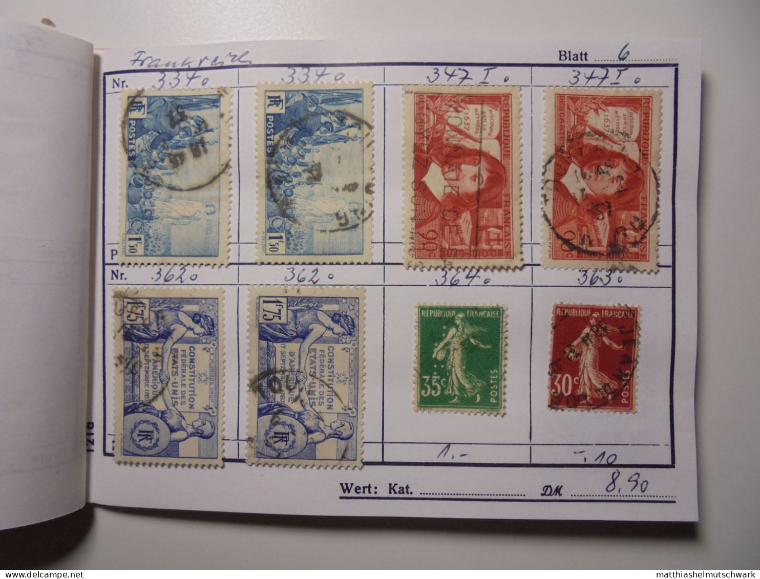Auswahlheft Nr. 443 20 Blätter 157 Briefmarken  Frankreich 1936-1951/Mi Nr. 315-904, unvollständig Ca.