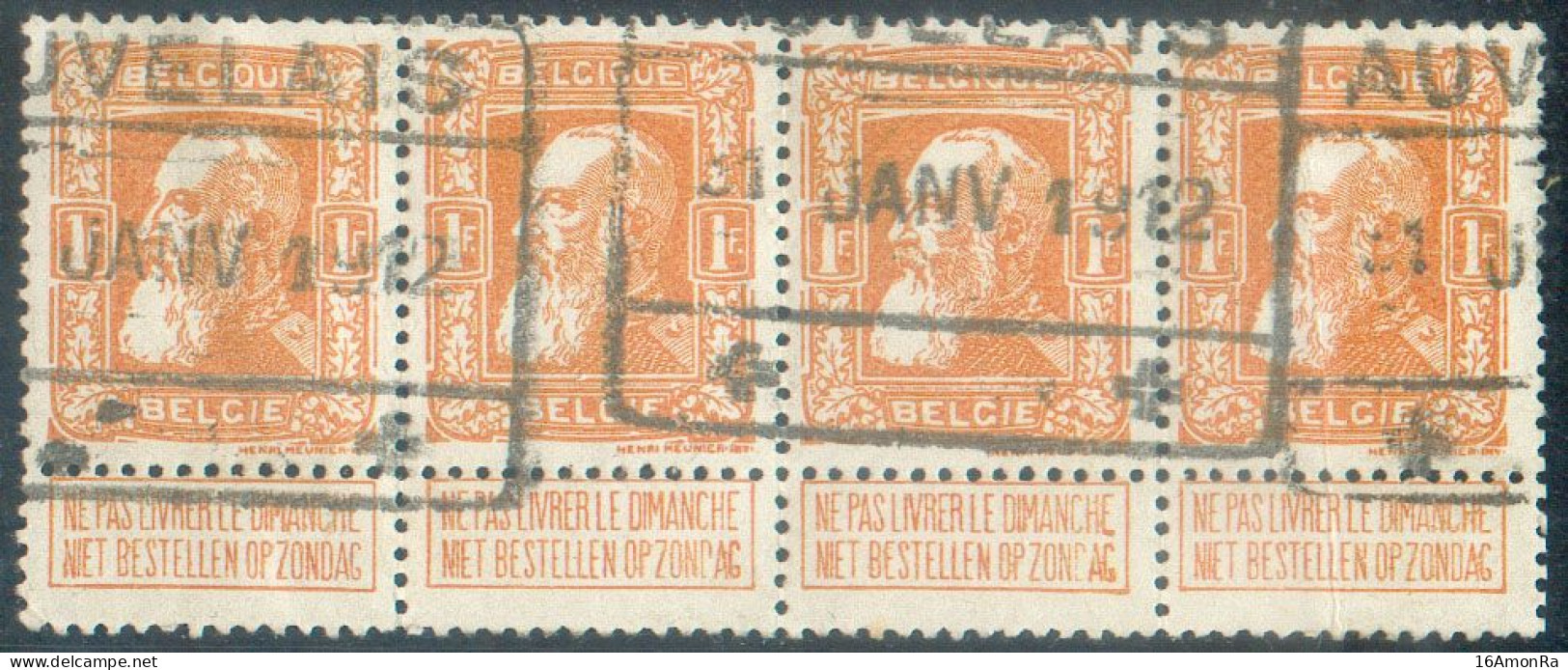 N°79a( 4) - 1Fr. Orange En Bande De 4, Oblitération Ferroviaire De AUVELAIS 21 JANV. 1912.  Splendide Et Rare.  - 22113 - 1905 Thick Beard