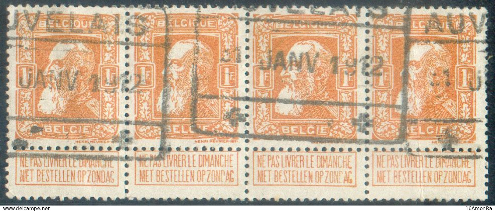 N°79a( 4) - 1Fr. Orange En Bande De 4, Oblitération Ferroviaire De AUVELAIS 21 JANV. 1912.  Splendide Et Rare.  - 22113 - 1905 Grosse Barbe