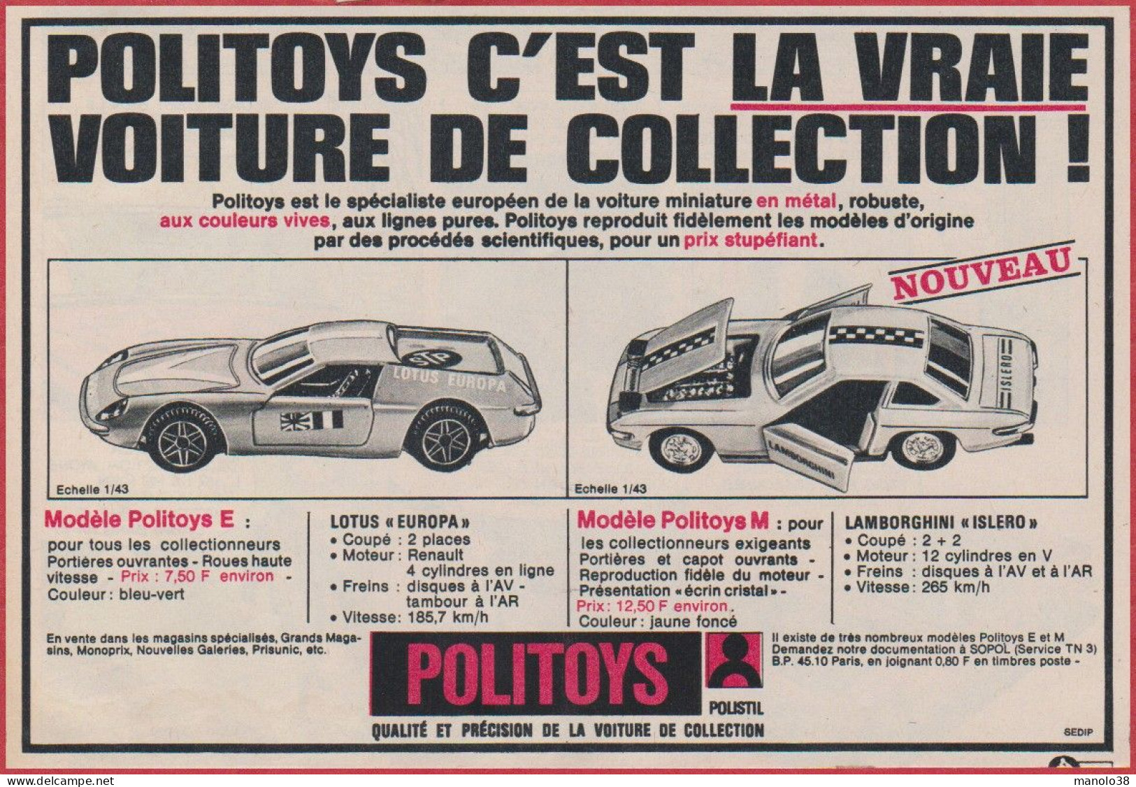 Lotus "Europa". Lamborghini "Islero". Politoys. Voiture De Collection Miniature. 1970. - Werbung