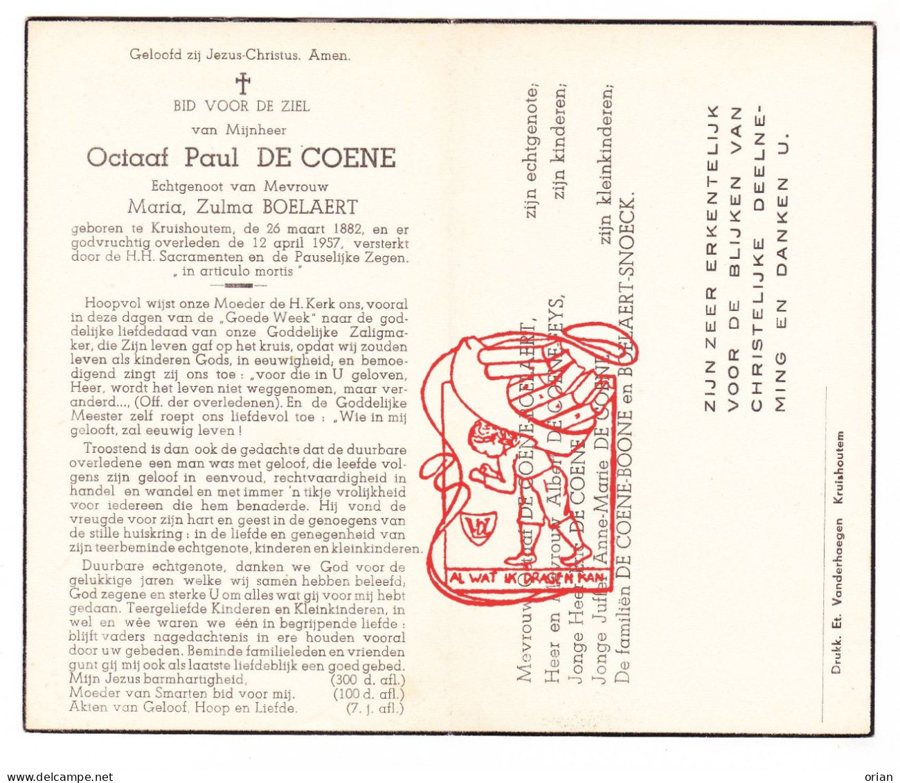 DP Octaaf Paul De Coene ° Kruishoutem 1882 † 1957 X Maria Zulma Boelaert // Feys Boone Snoeck - Andachtsbilder