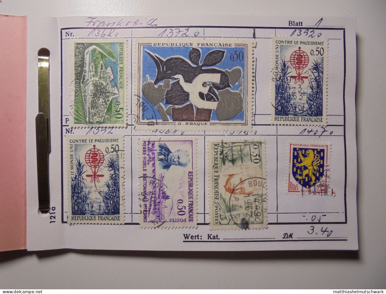 Auswahlheft Nr. 445 20 Blätter 153 Briefmarken  Frankreich 1961-1977/Mi Nr. 1368-2058yA, Unvollständig - Collections